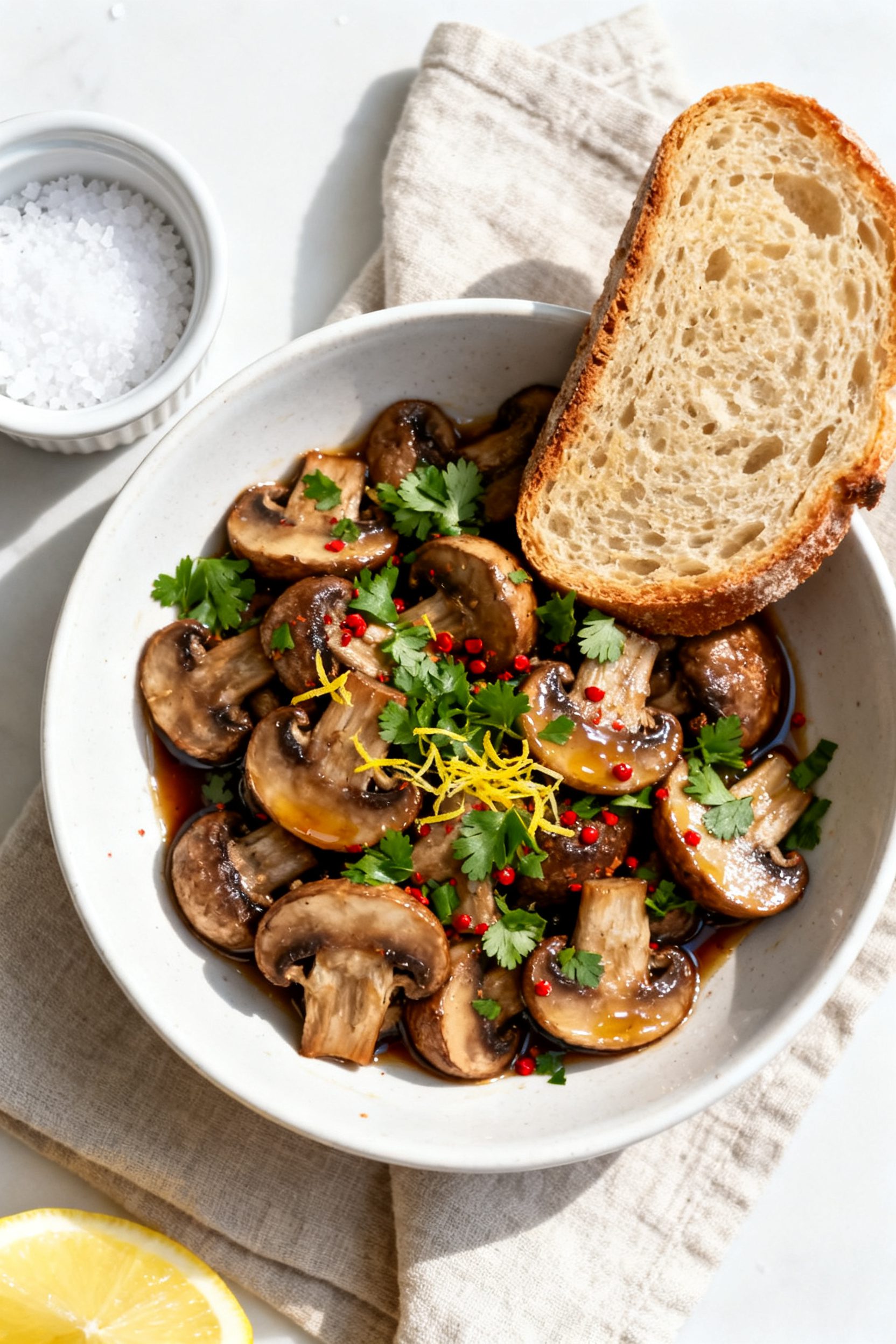 Final plated dish: Restaurant-quality presentation of Air Fryer Garlic Mushrooms in a shallow white 