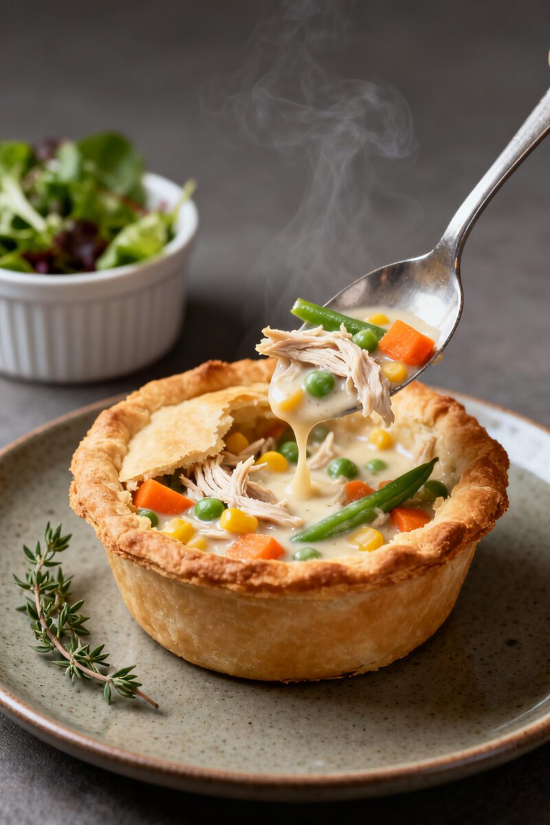 Final plated dish: Restaurant-quality presentation of a baked chicken pot pie with the spoon breakin