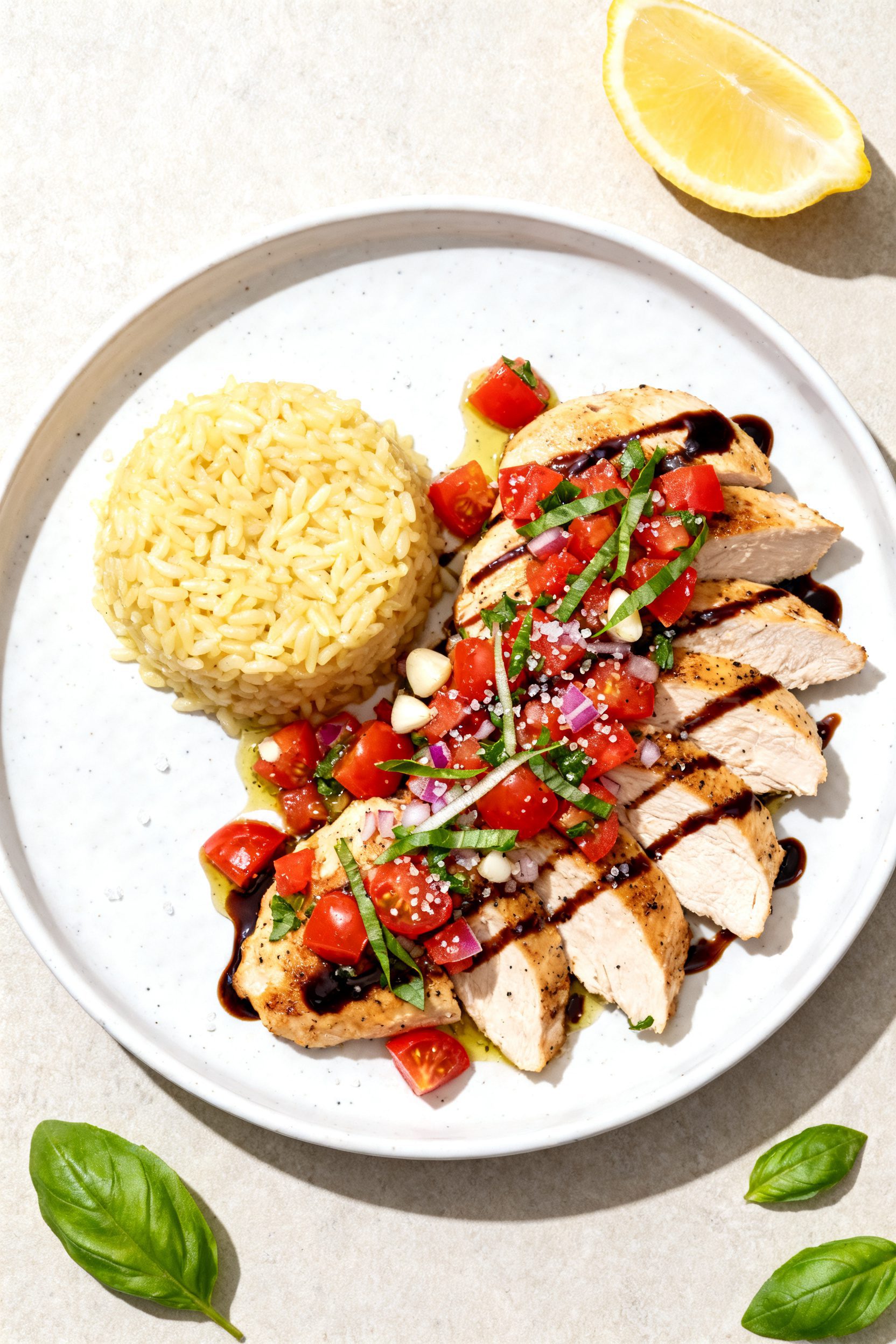Final plated dish: Restaurant-quality presentation of Air Fryer Bruschetta Chicken on a white cerami