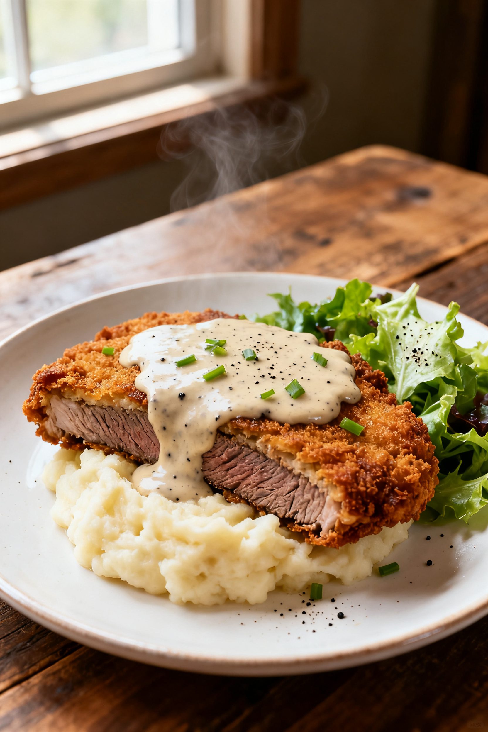 Final plated dish: Restaurant-quality presentation of air fryer chicken fried steak sliced to reveal