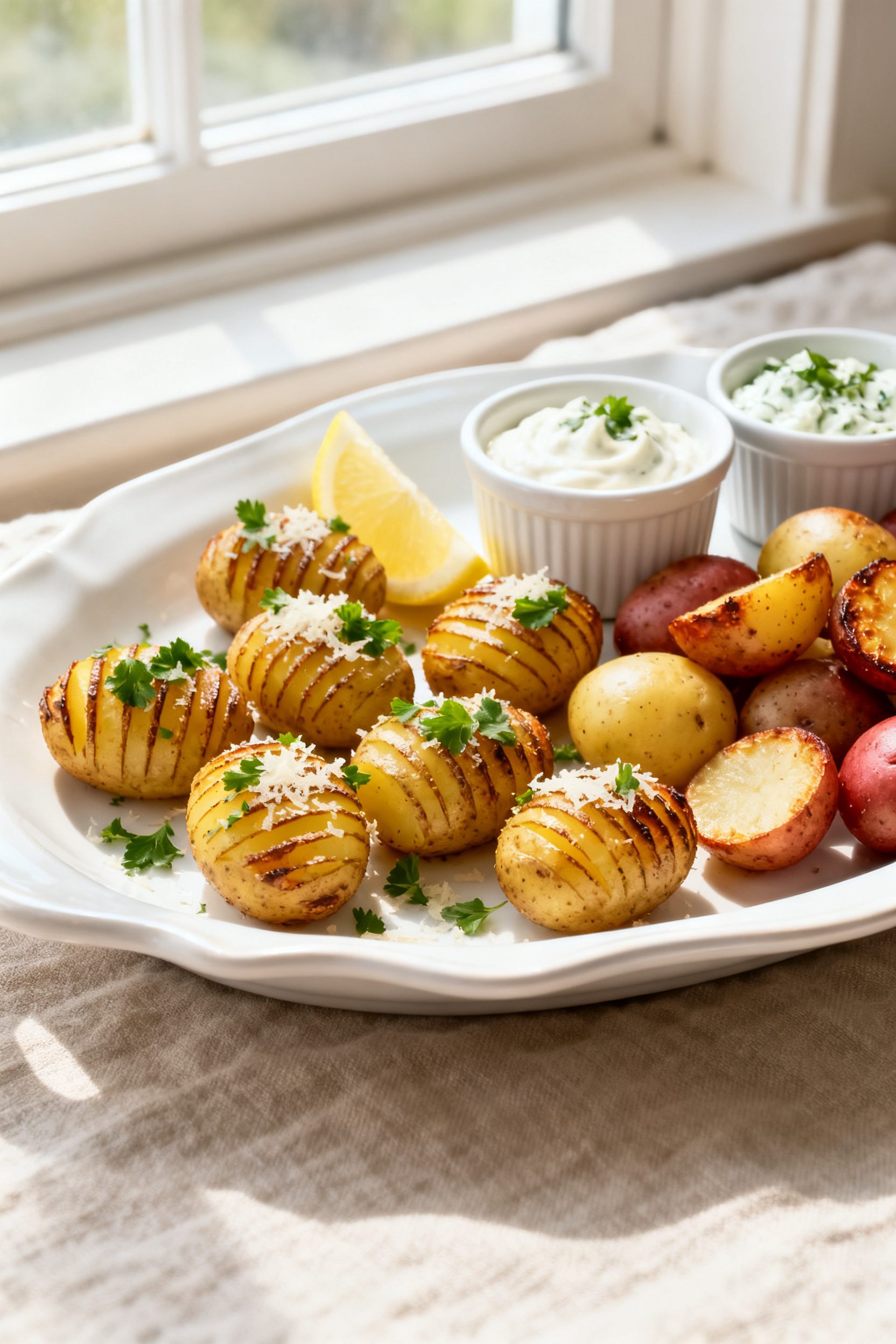 Final plated dish: Restaurant-quality presentation of mini Hasselback potatoes on a white ceramic pl