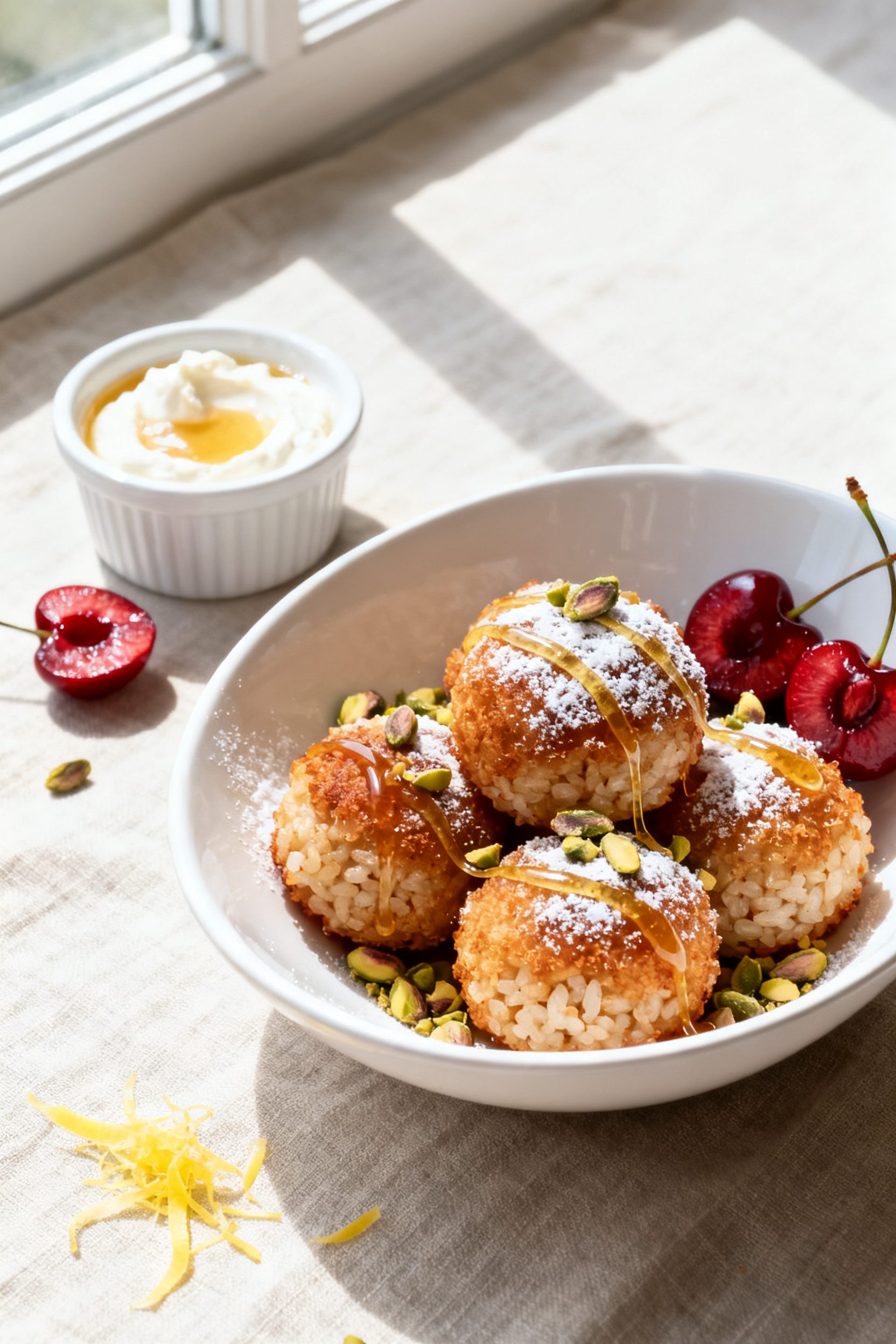 Final plated dish: Restaurant-quality presentation of Air Fryer Cherry Rice Balls arranged in a shal