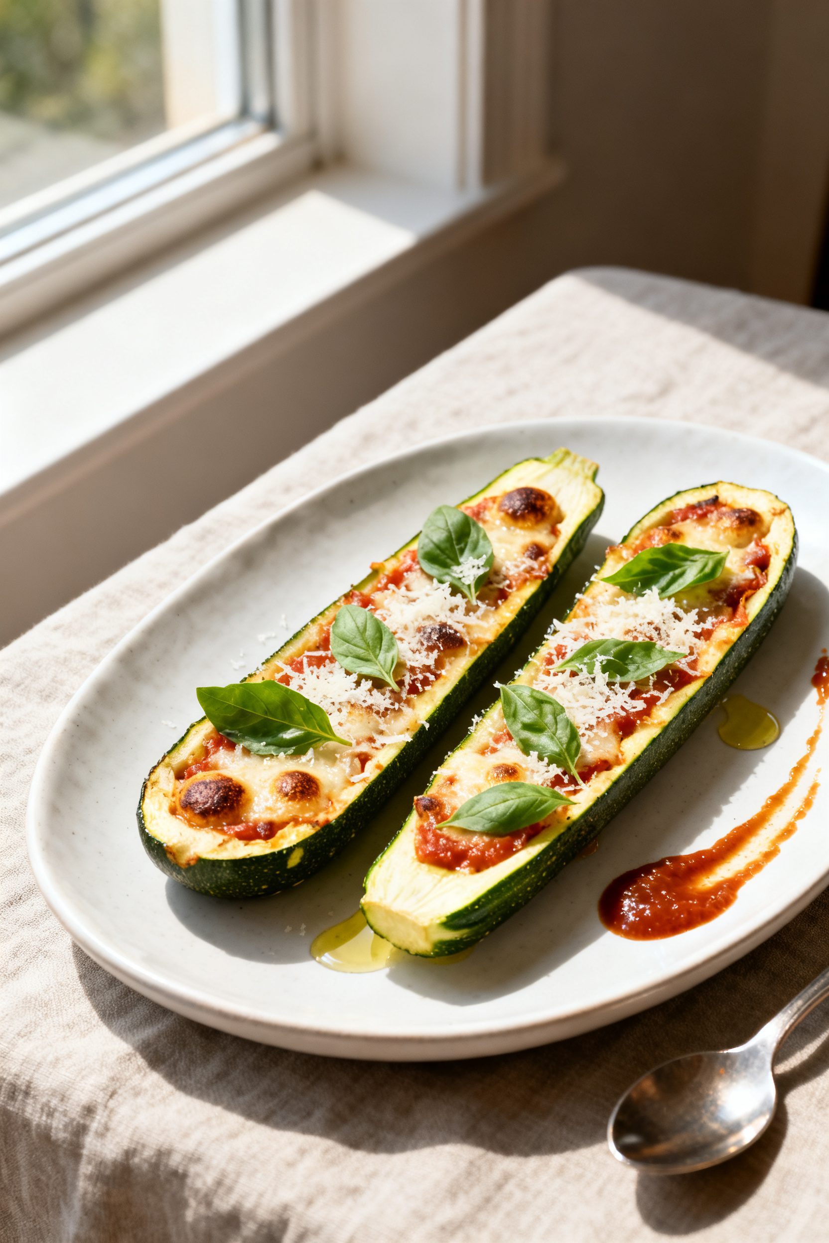 Final plated dish: Restaurant-quality presentation of two zucchini pizza boats on a matte white oval