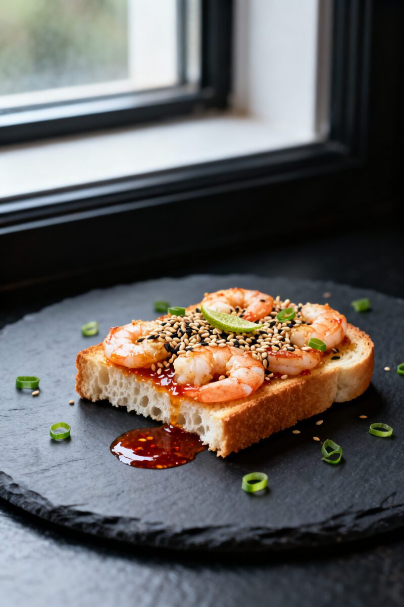 Final plated dish: Restaurant-quality presentation of whole-slice shrimp toast on a charcoal slate p