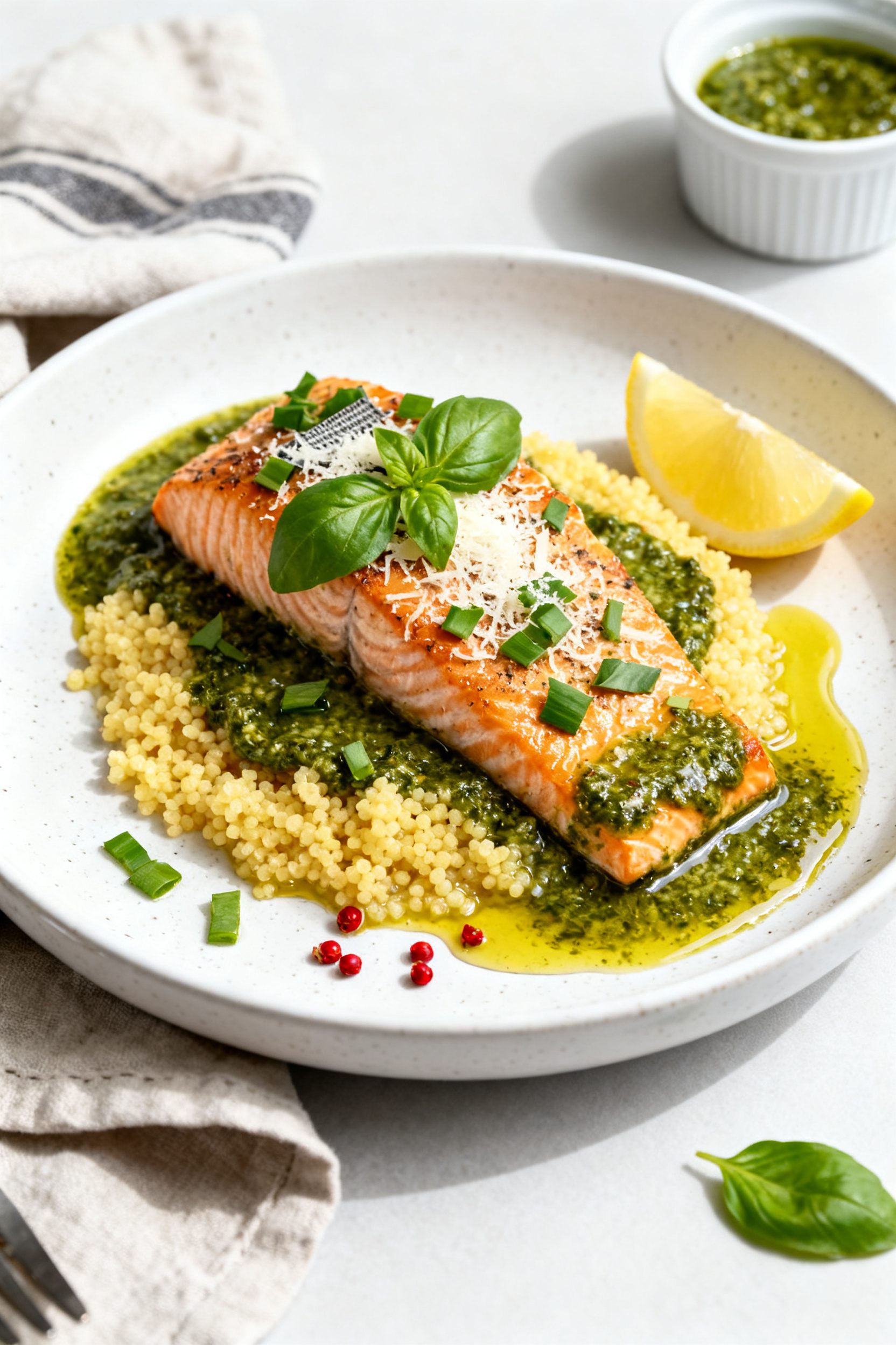 Final plated dish: Restaurant-quality presentation of air fryer pesto salmon on a white ceramic plat