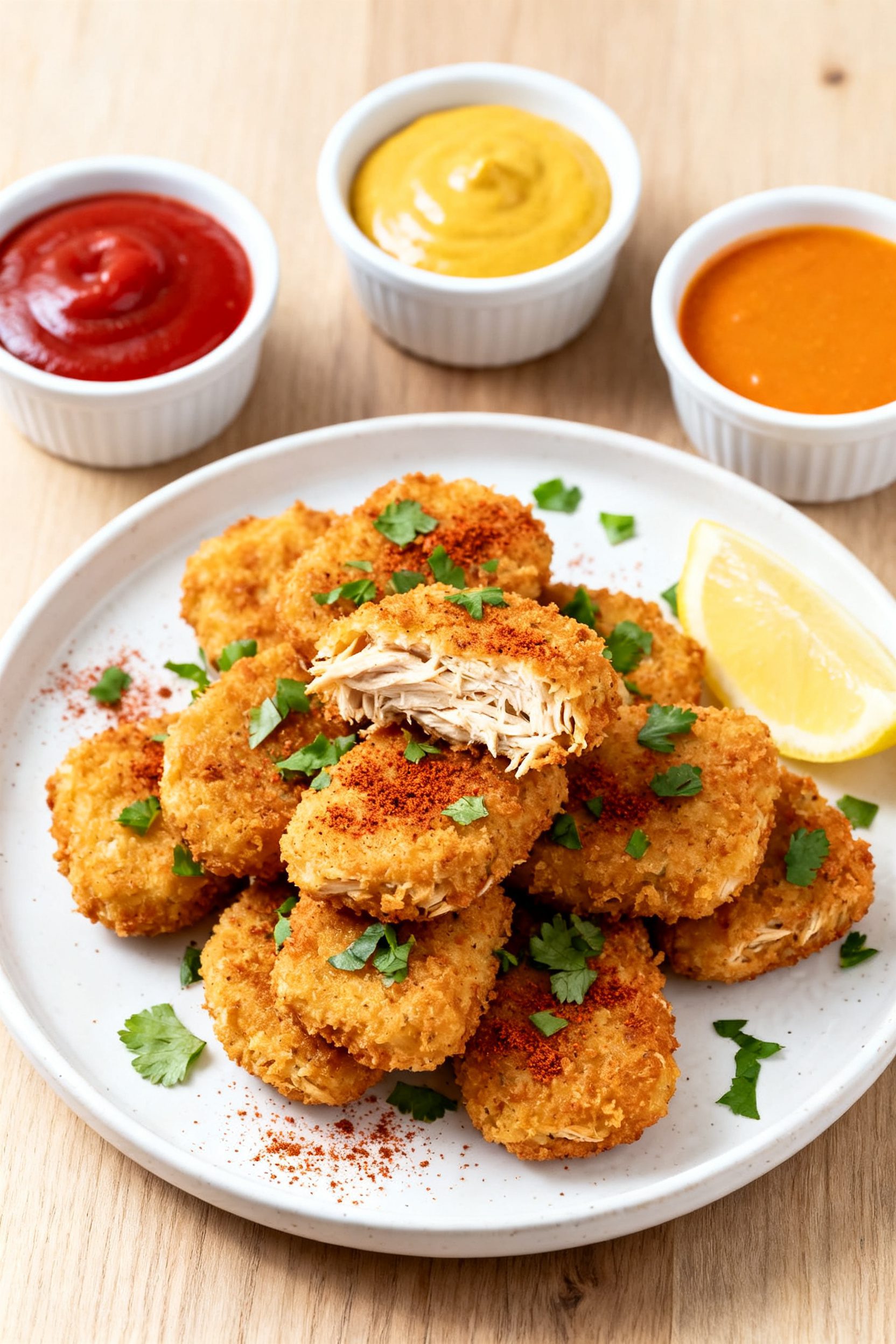 Final plated dish: Restaurant-quality presentation of air fryer shredded chicken nuggets stacked on
