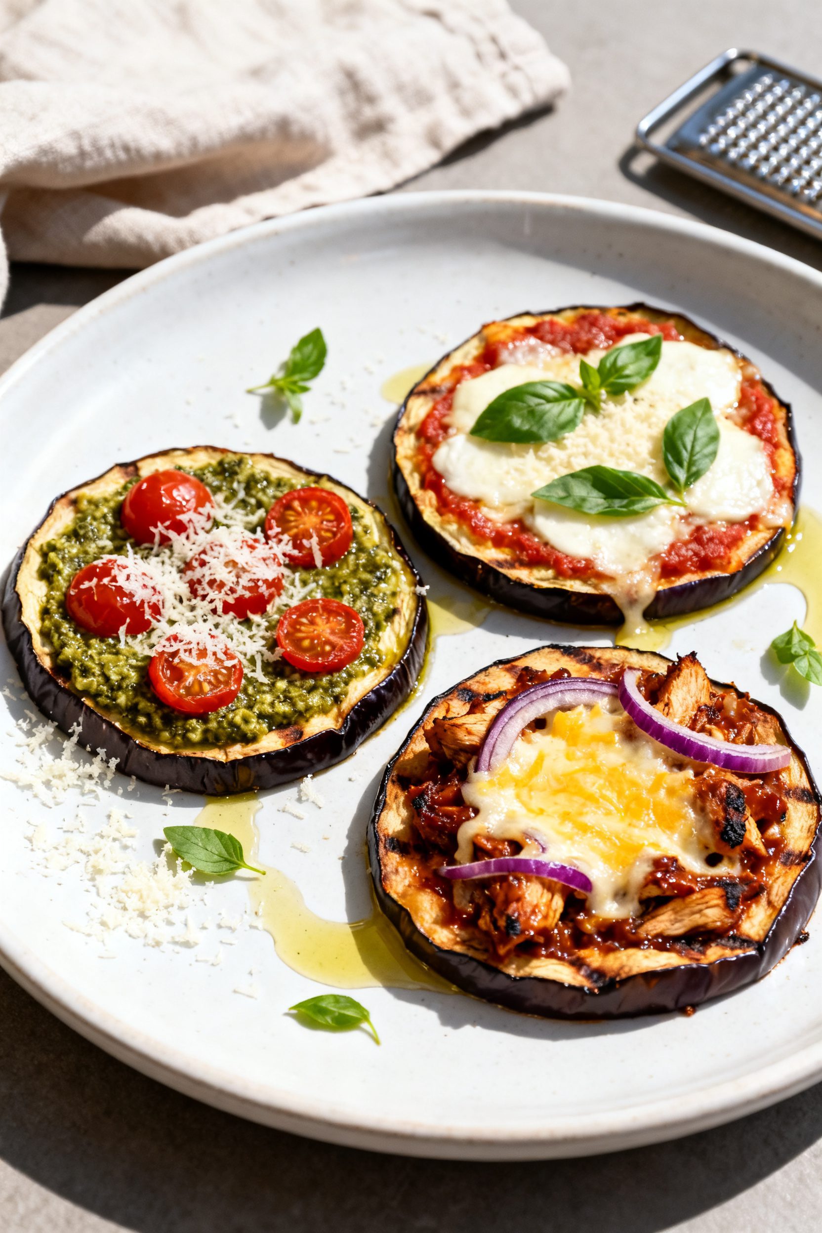 Final plated dish: Restaurant-quality presentation of three eggplant pizzas on a white ceramic plate