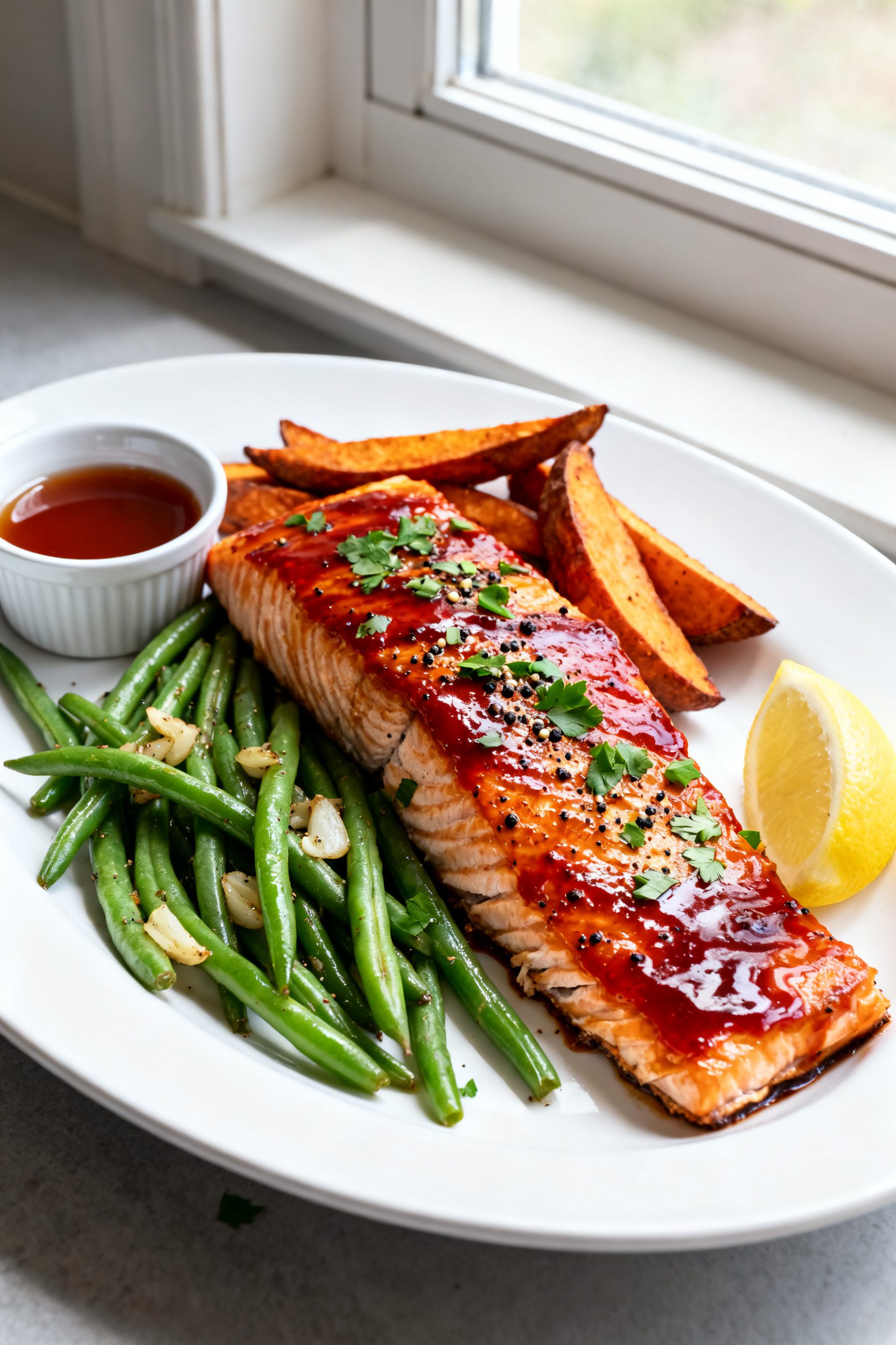 Final plated dish: Restaurant-quality presentation of BBQ salmon on a wide white plate, skin-side do