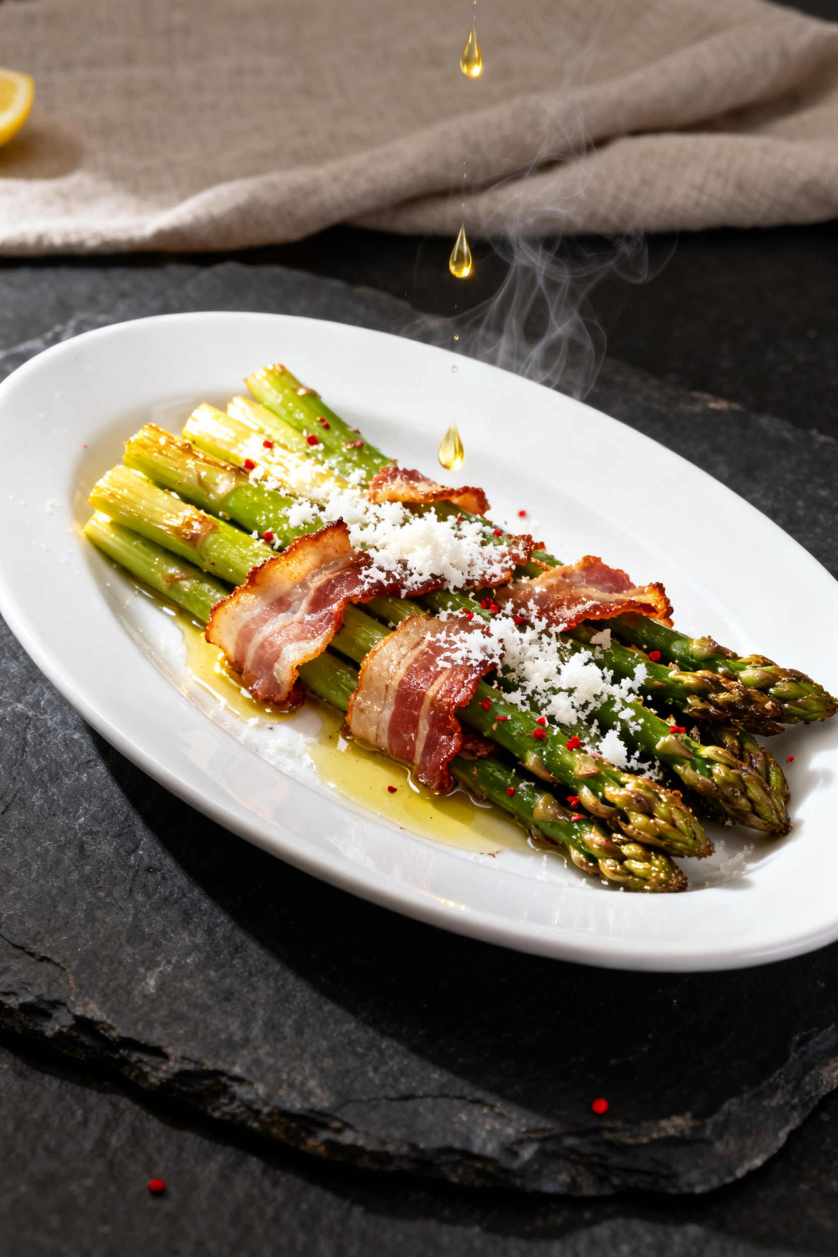Final plated dish: Restaurant-quality presentation of Air Fryer Asparagus with Bacon on a white oval