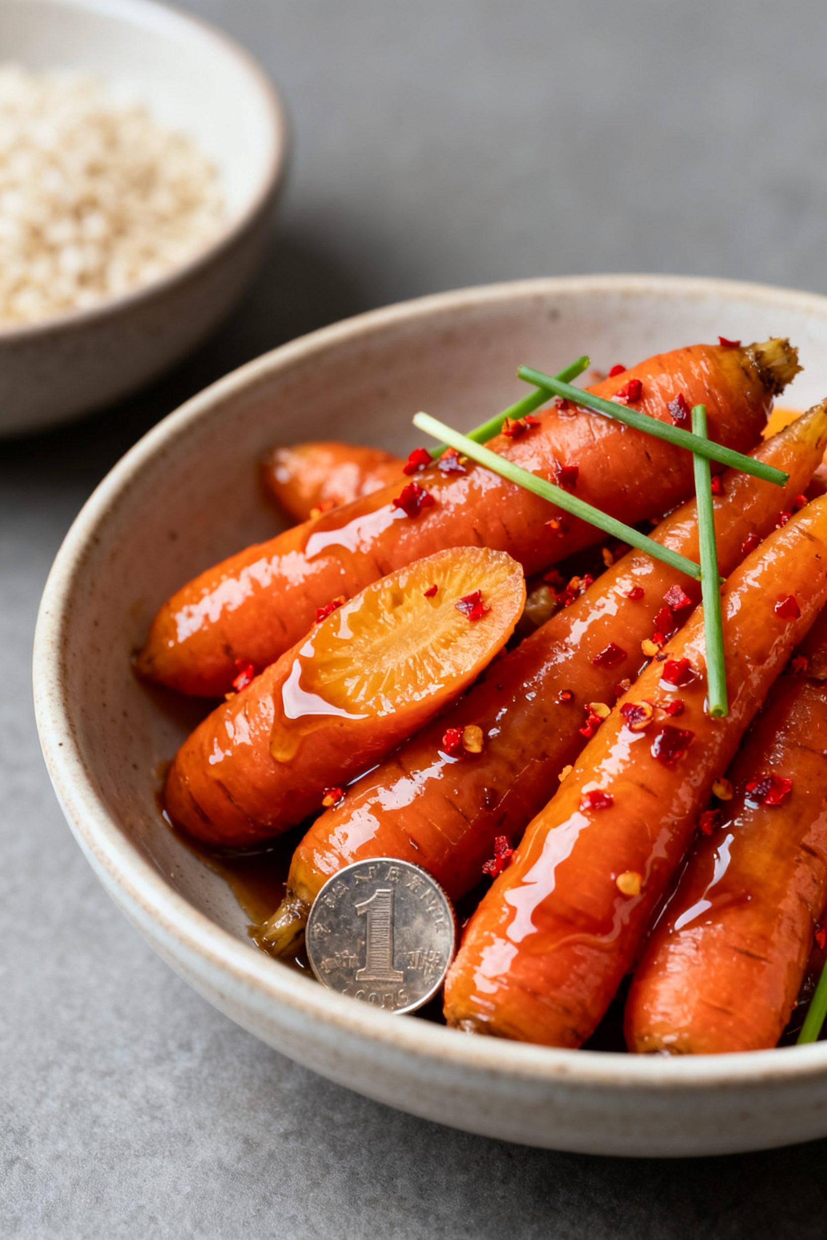 Final plated dish: Restaurant-quality presentation of glossy hot honey carrots piled in a shallow ce