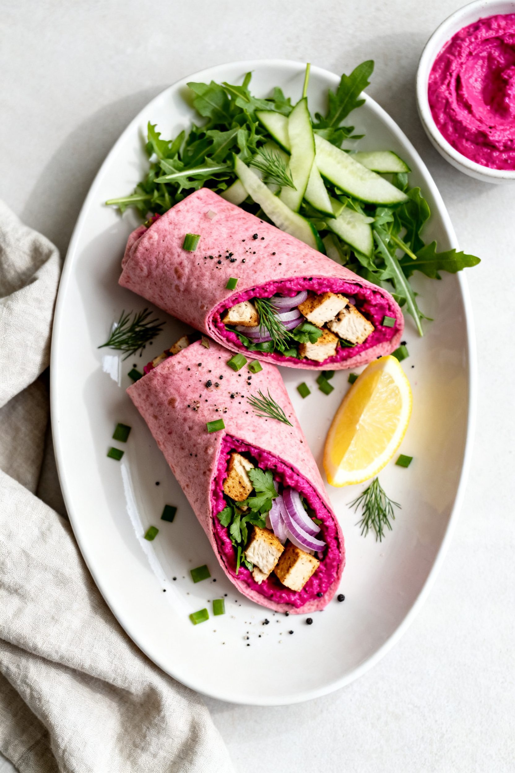 Final plated dish: Restaurant-quality presentation of halved Pink Protein Wraps arranged on a white 