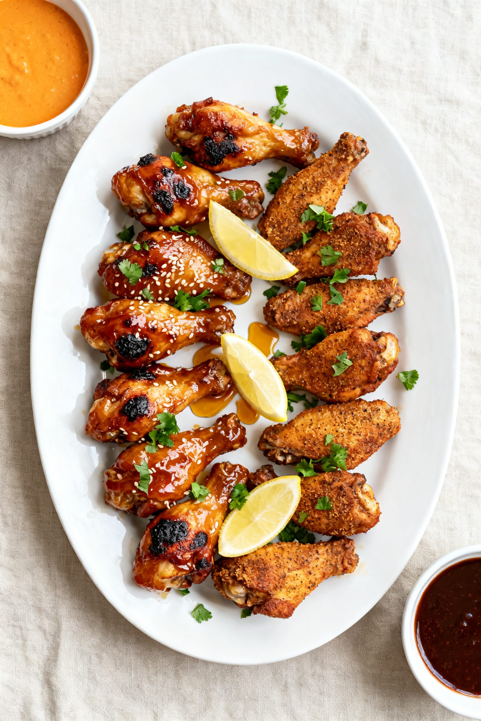Final plated dish: Restaurant-quality presentation of air fryer turkey wings tossed in a glossy hone