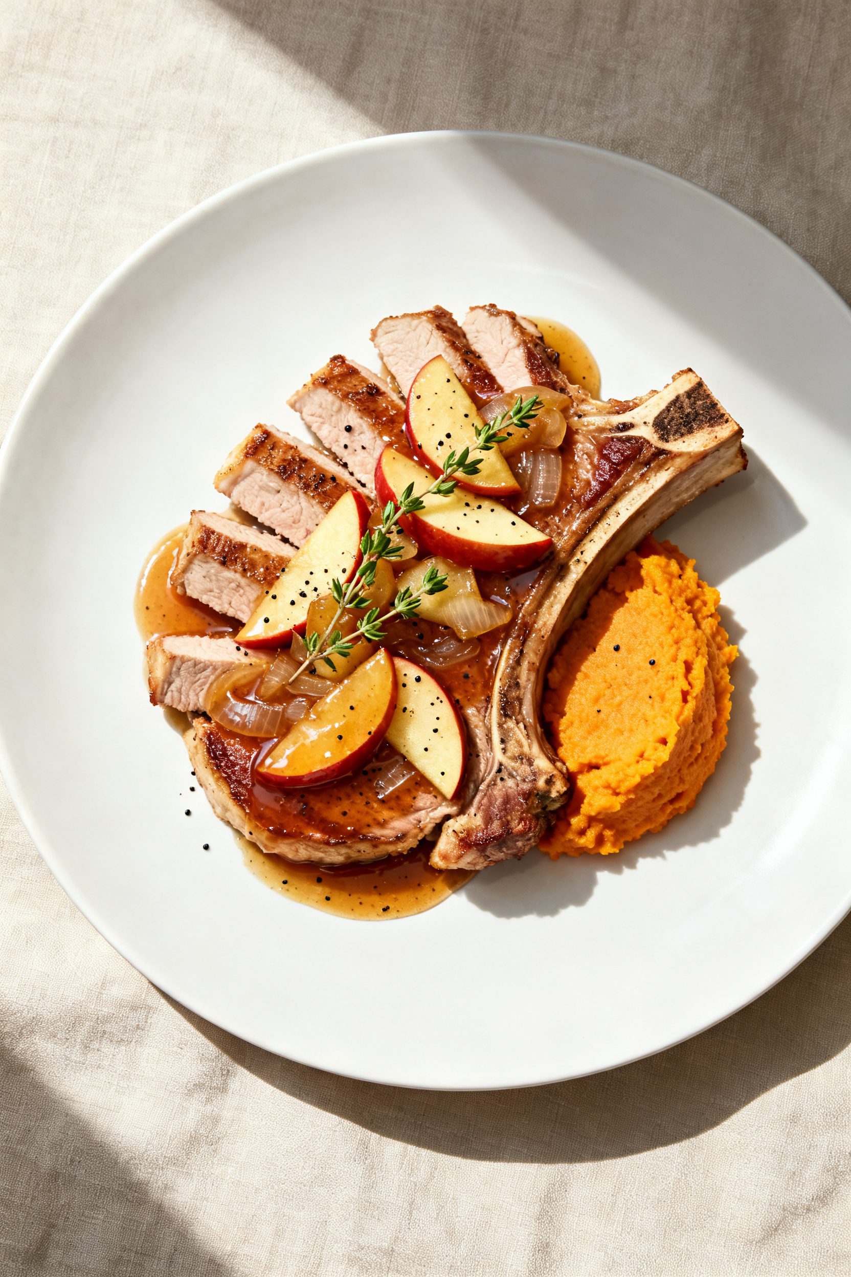Final plated dish: Restaurant-quality presentation of Air Fryer Pork Chops with Apples, sliced bone-