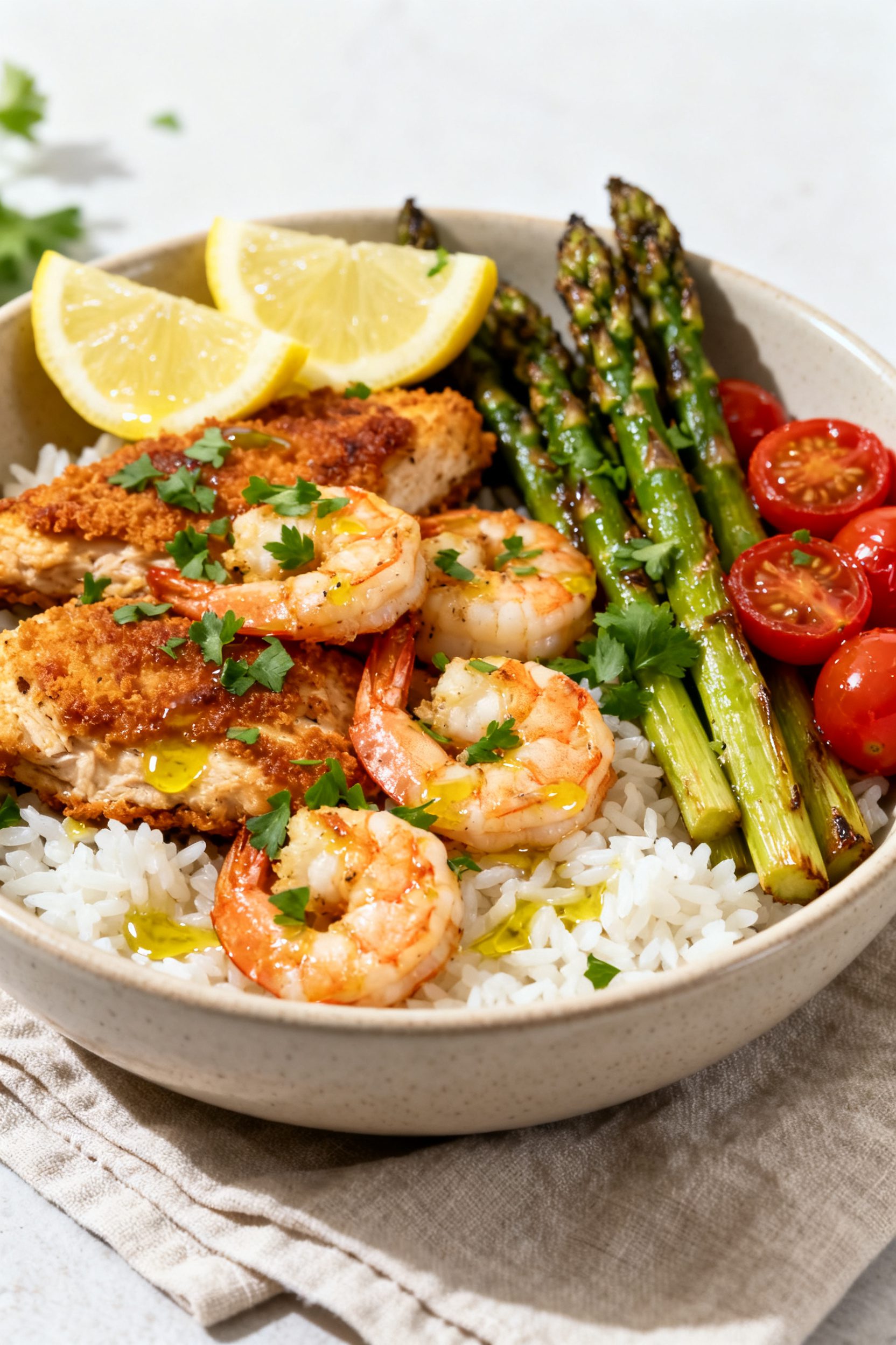Final plated dish: Restaurant-quality surf-and-turf bowl—air-fried chicken and shrimp tossed with