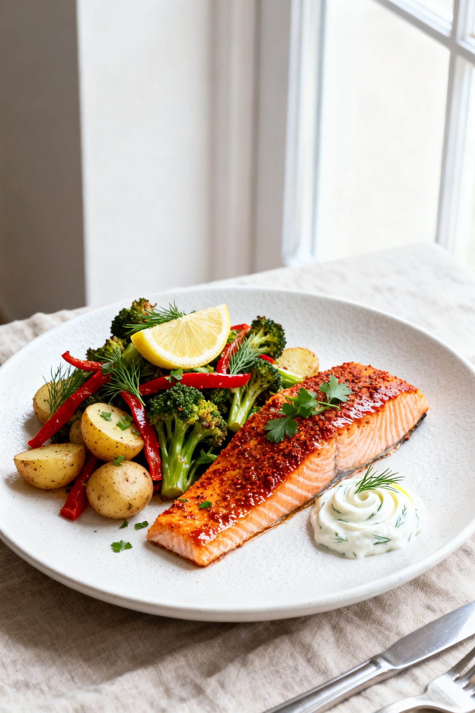Final plated dish, restaurant-style: Beautifully plated air fryer salmon and veggies on a matte whit