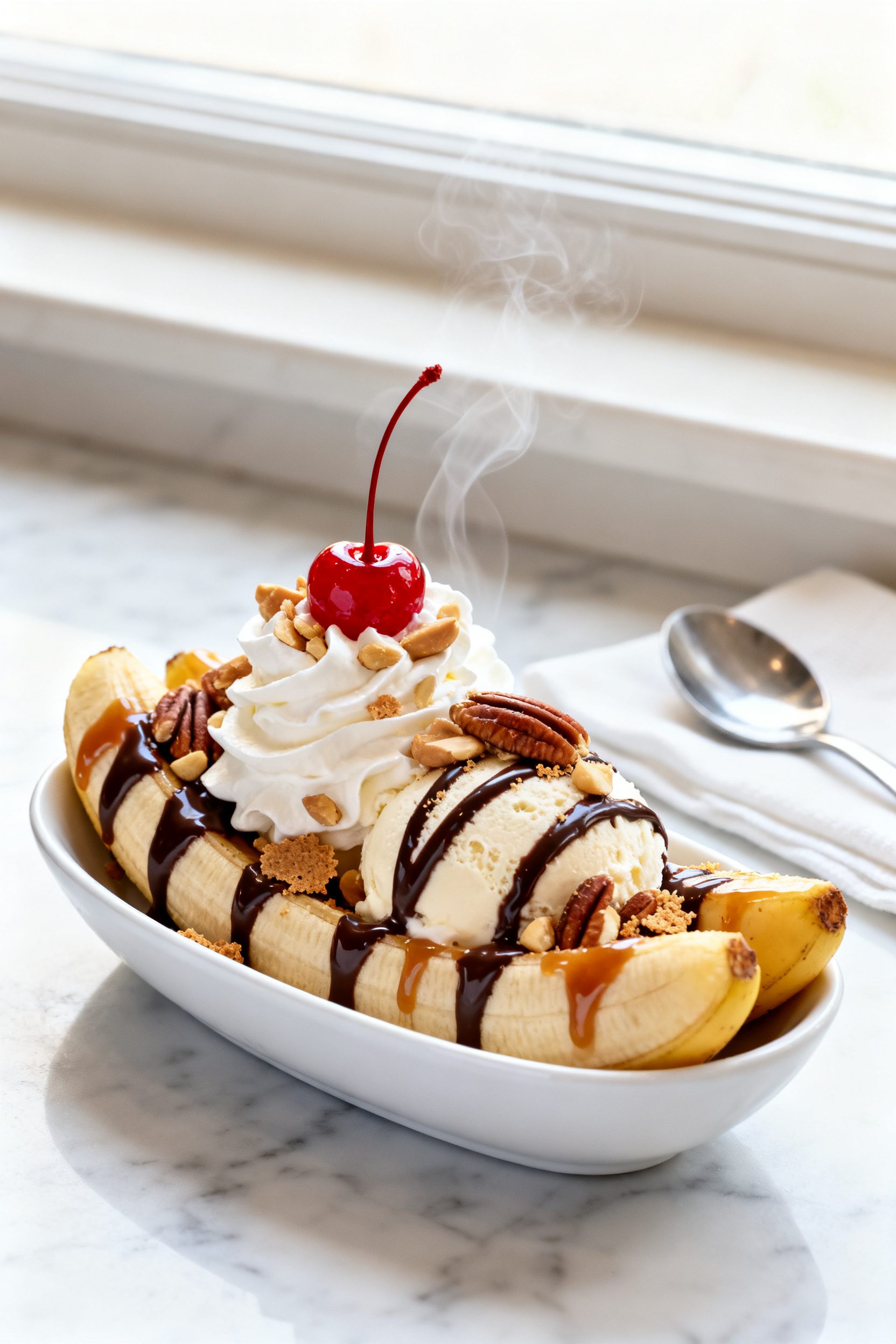 Final plated dish shot: Beautifully plated Air Fryer Banana Split in a long white sundae dish; two w