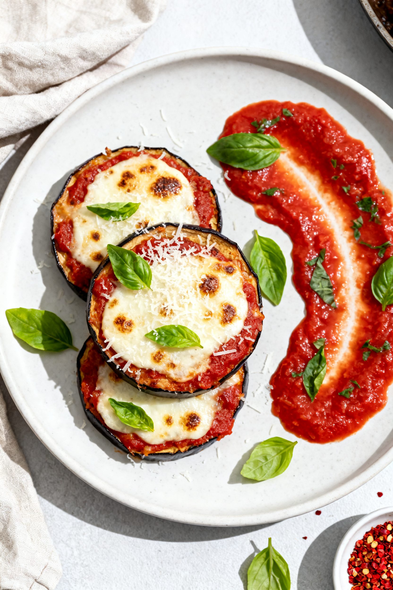 Final plated dish shot: Restaurant-quality presentation of Air Fryer Eggplant Parmesan—individual 