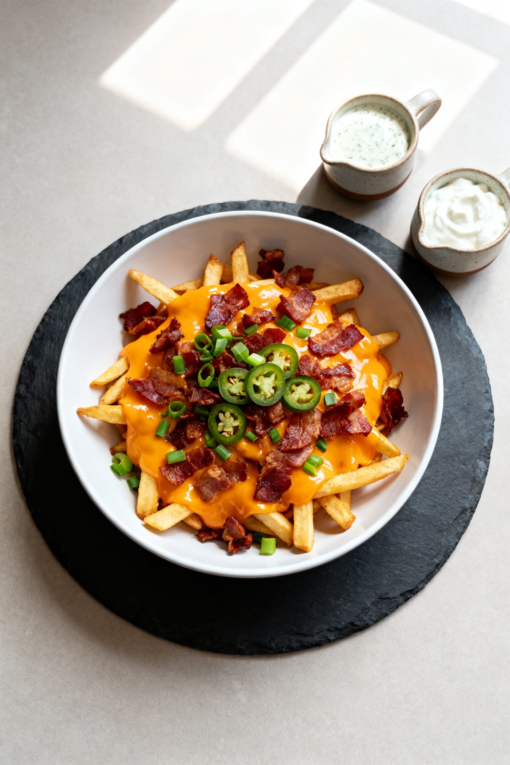 Final plated dish shot: Restaurant-quality presentation of Air Fryer Bacon Cheese Fries on a dark sl