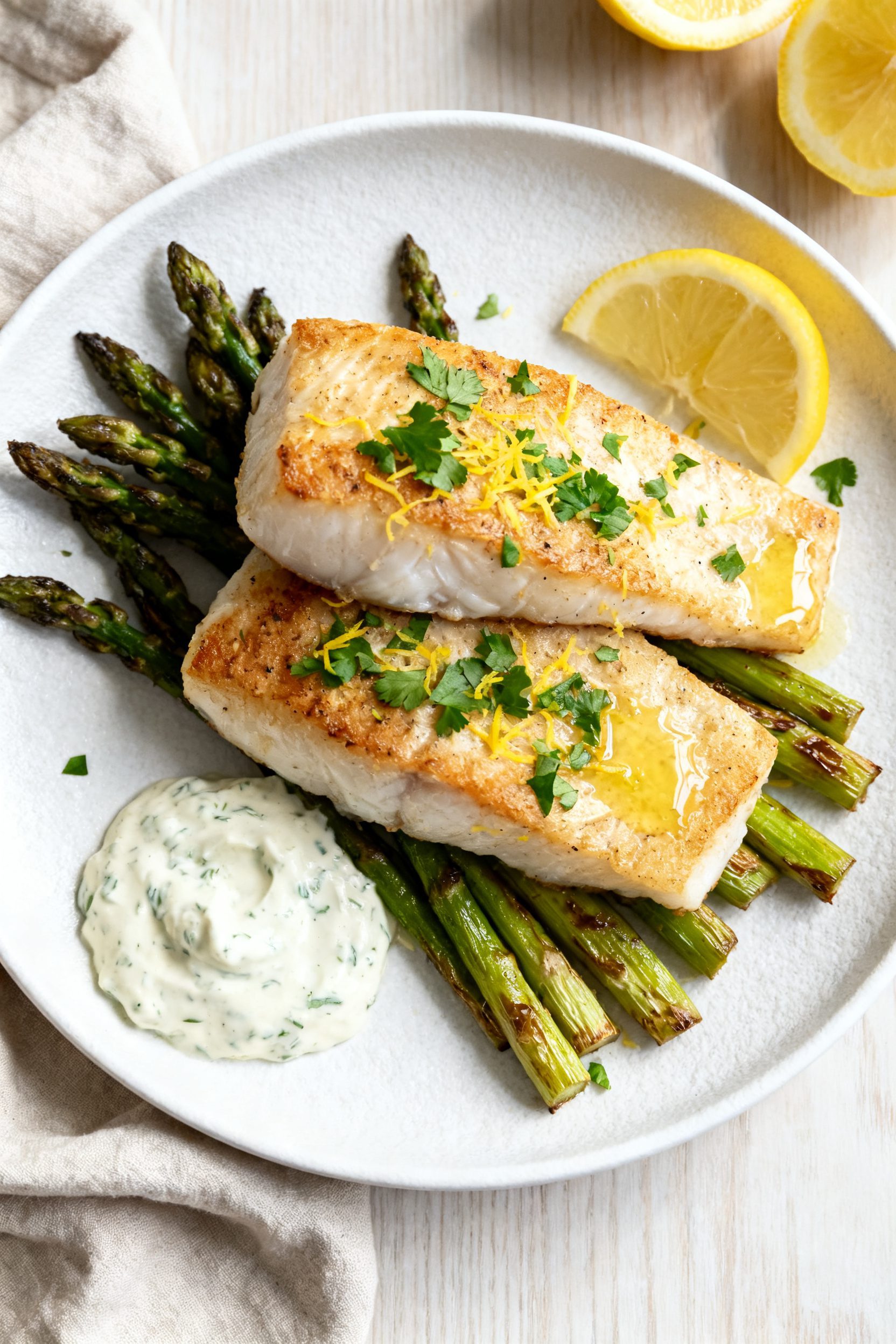 Final plated dish, tasty top view: Overhead shot of Keto Air Fryer Cod plated on a matte white dinne
