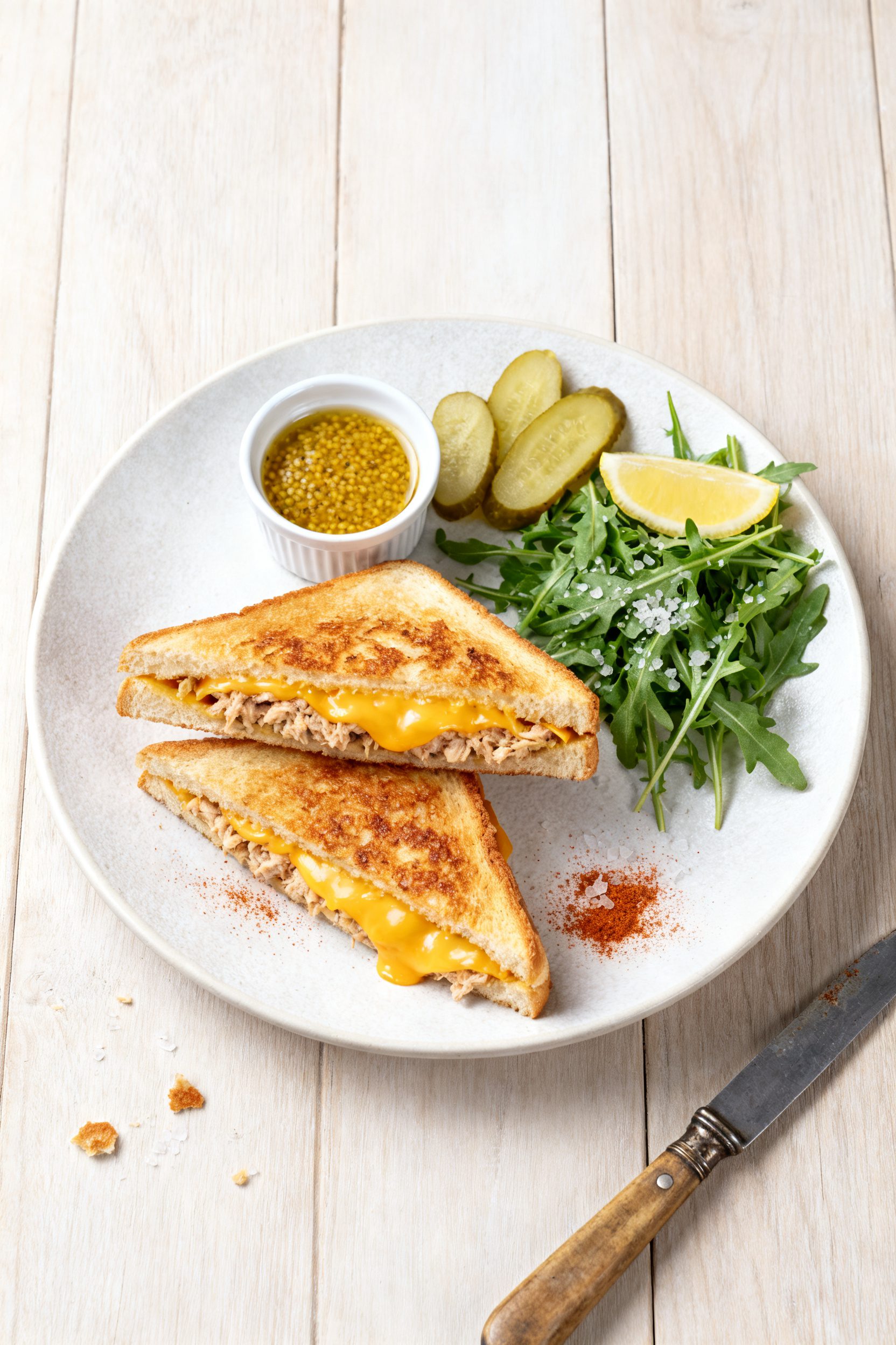 Final plated dish, top view: Restaurant-quality presentation of a tuna melt on a matte white plate, 
