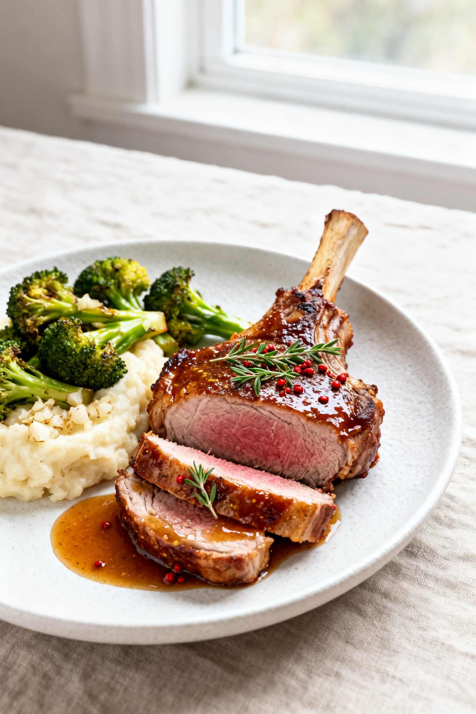 Final plated hero: Beautifully plated honey mustard pork chop, bone-in, sliced to reveal a juicy, sl