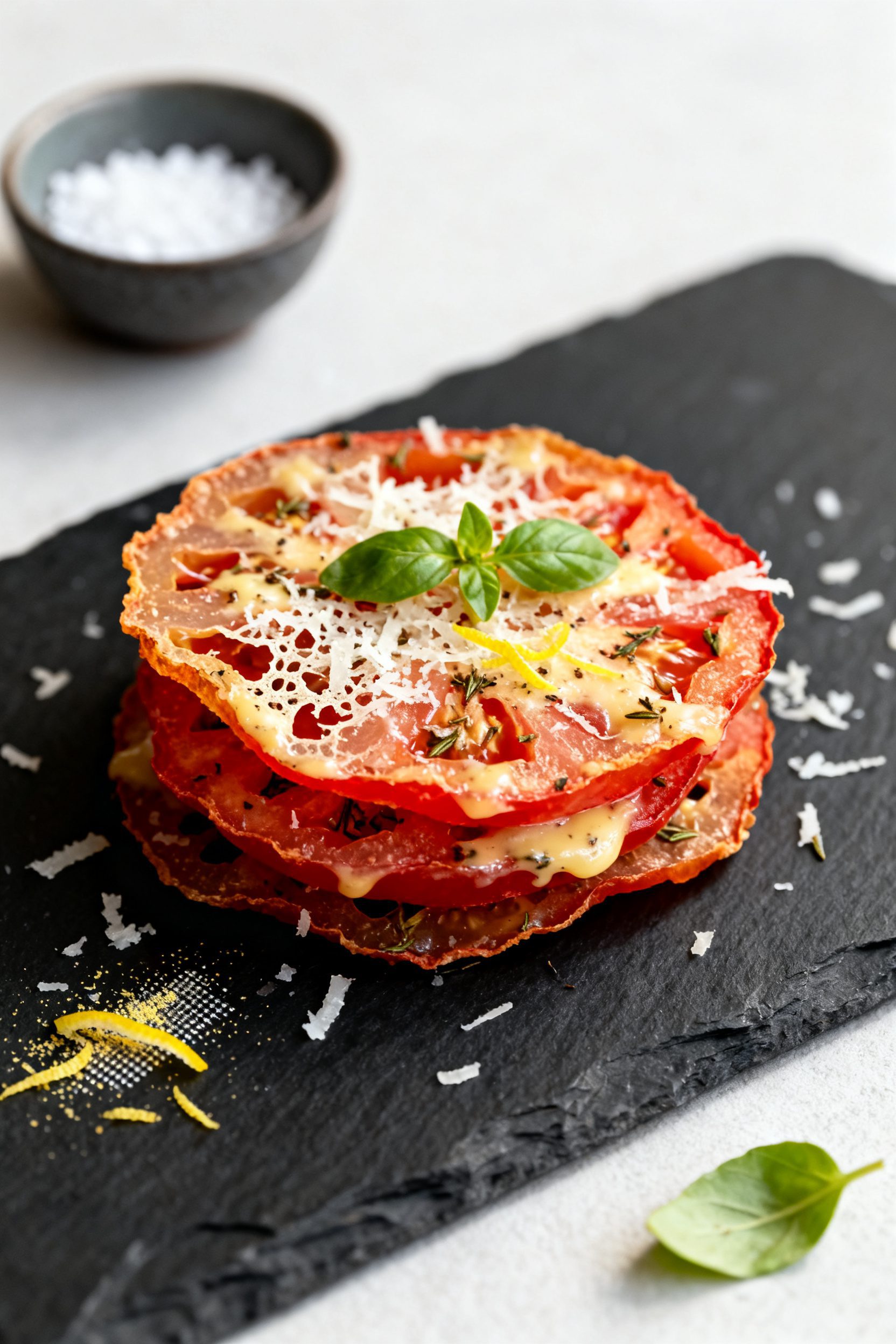 Final plated hero: Beautifully plated Parmesan Herb tomato chips served on a dark slate board for co