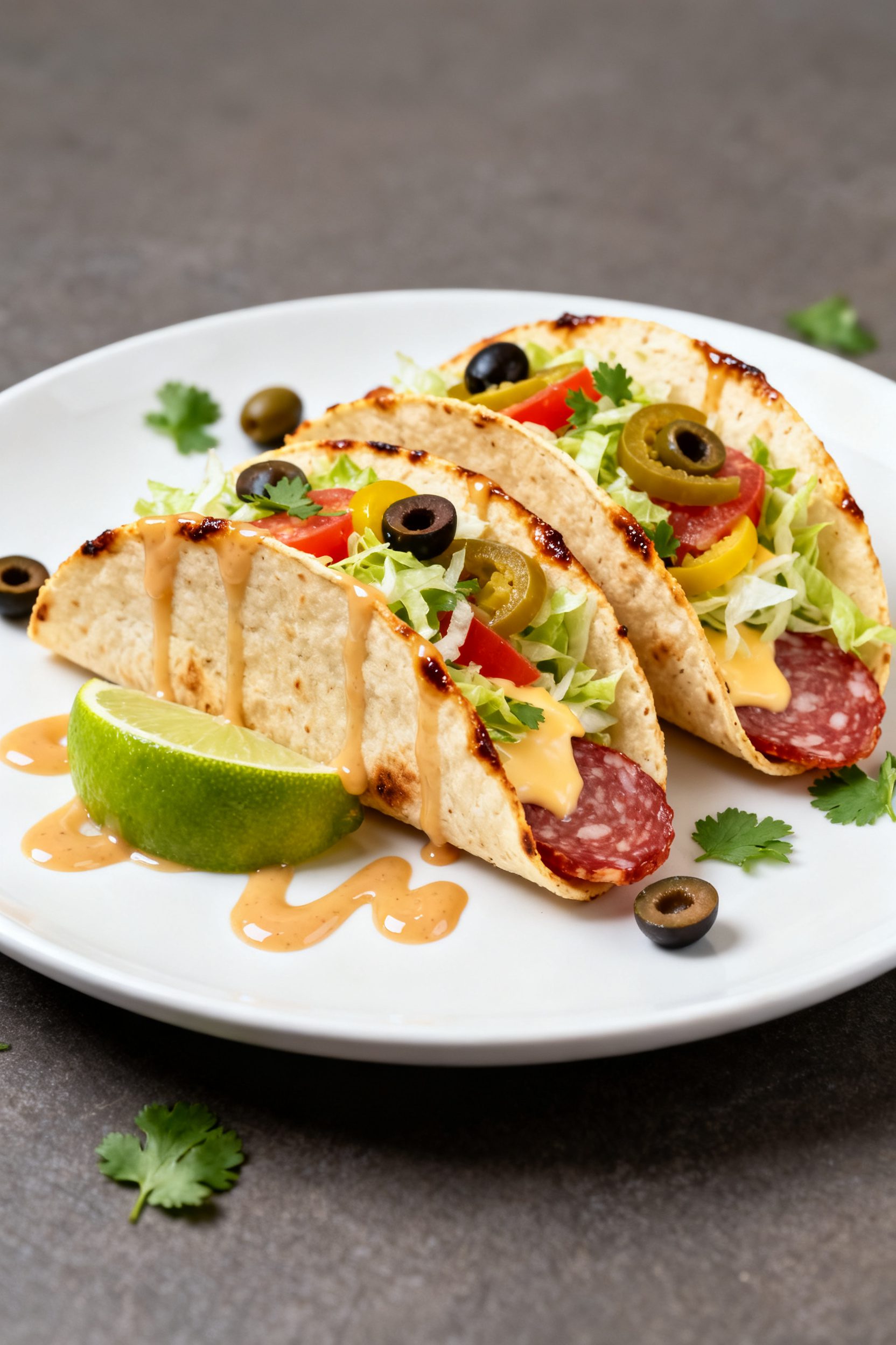 Final plated hero image: three Italian Deli Style salami tacos on a white ceramic plate, shells cris