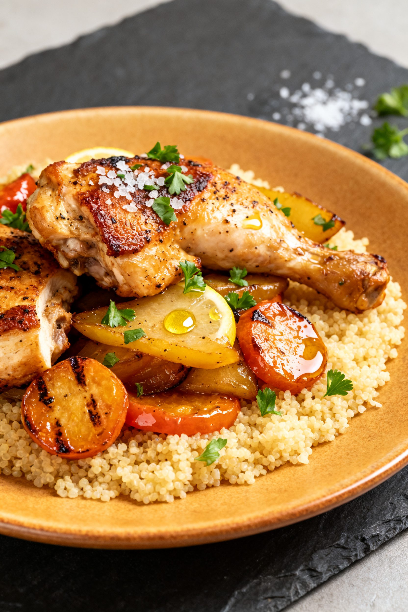 Final plated hero: Restaurant-quality presentation of Air Fryer Chicken and Vegetables on a warm-ton