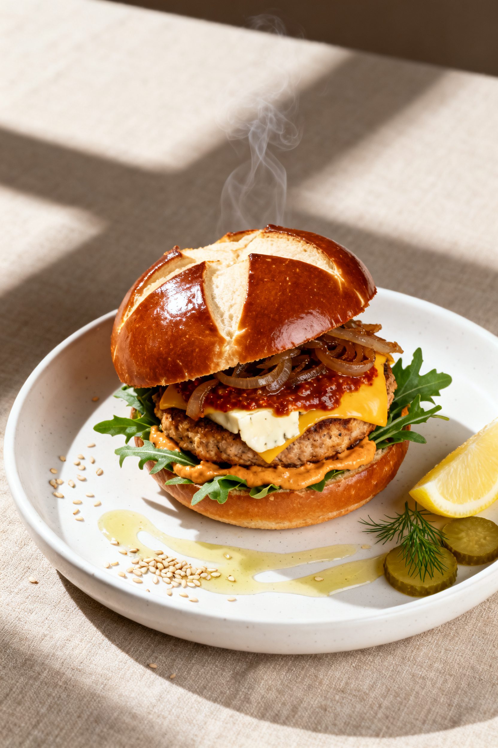 Final plated hero: Restaurant-quality presentation of a single chicken burger on a white ceramic pla