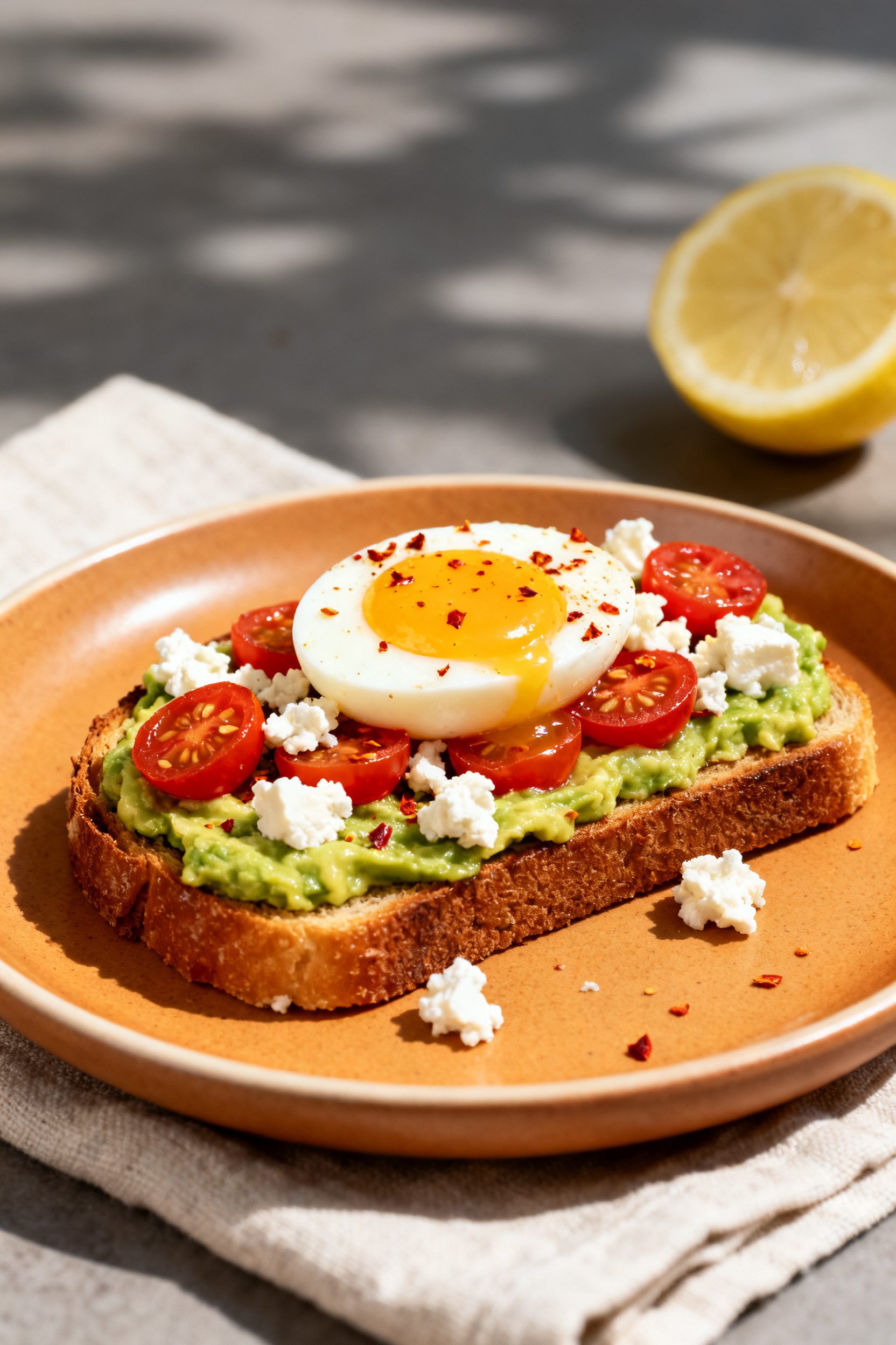 Final plated hero: Restaurant-quality presentation of avocado toast topped with a jammy soft-boiled