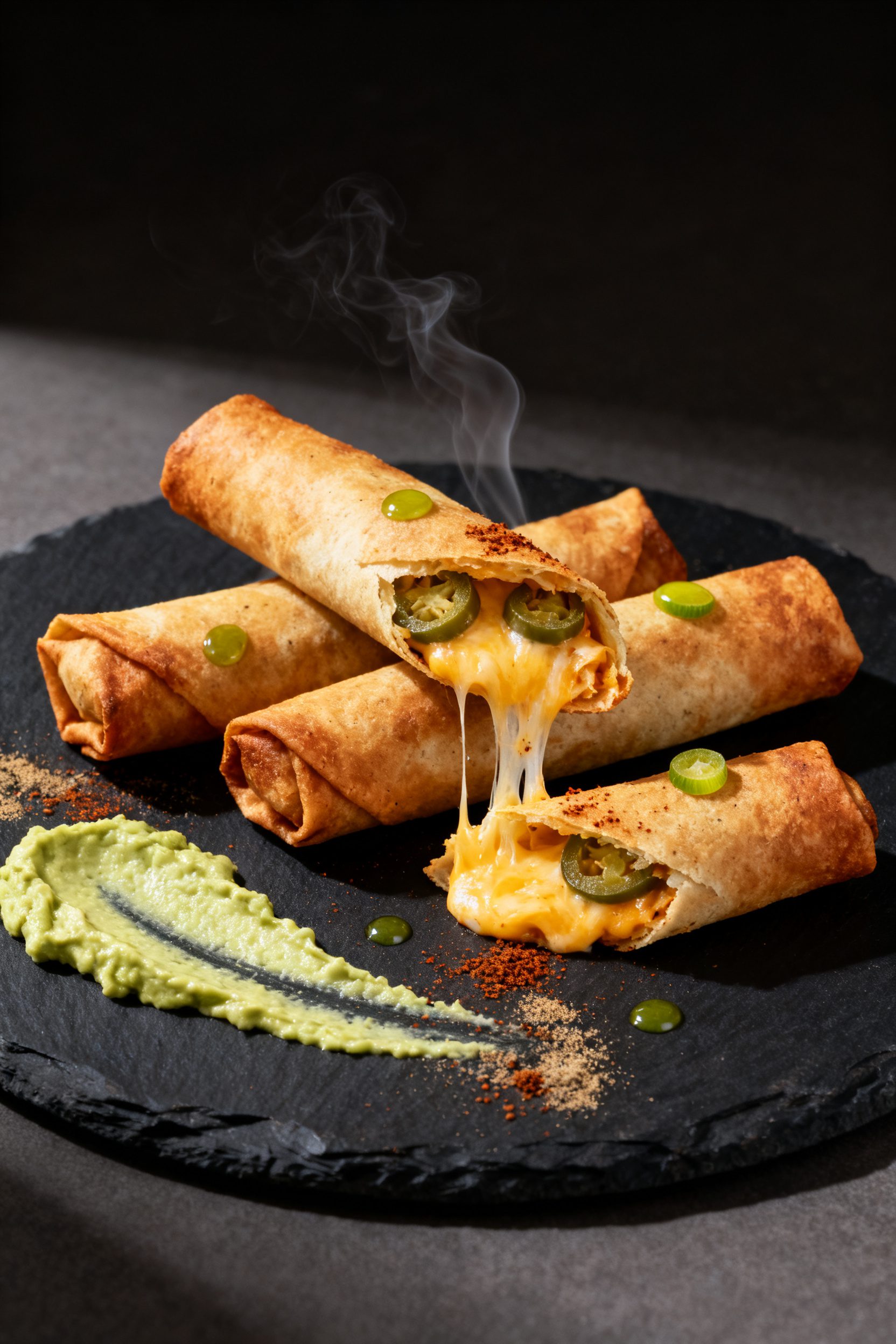 Final plated hero: Restaurant-quality presentation of 3–4 taquitos on a dark slate plate, tightly 