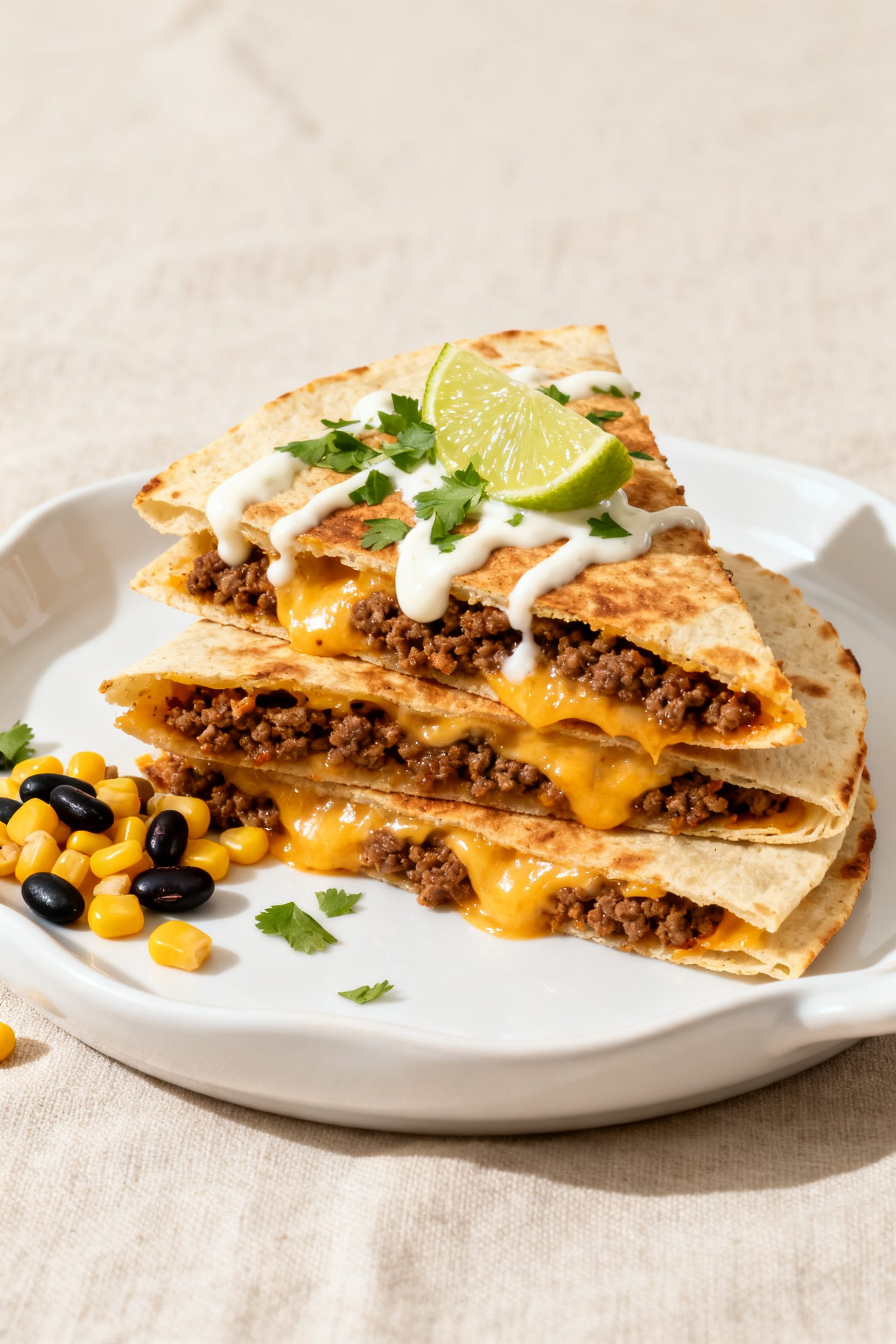 Final plated hero: Restaurant-quality presentation of stacked quesadilla wedges on a white ceramic p