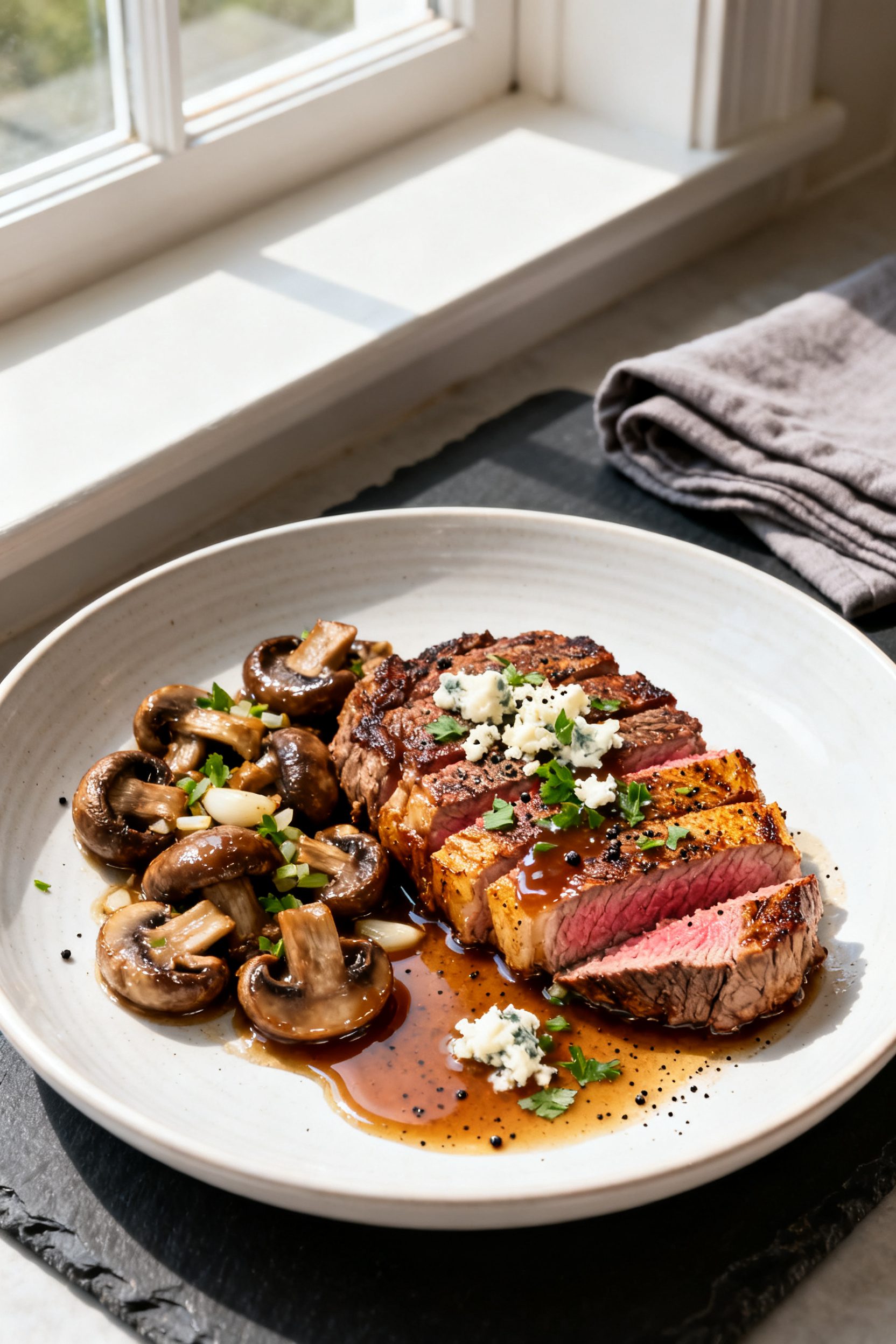 Final plated hero shot: Beautifully plated Air Fryer Steak and Mushrooms on a warm white ceramic pla