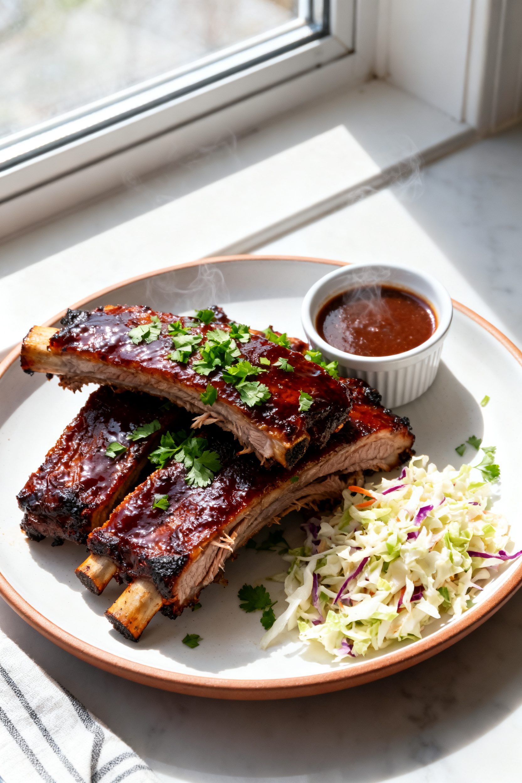 Final plated hero shot: Beautifully plated air fryer country style pork ribs stacked on a warm white