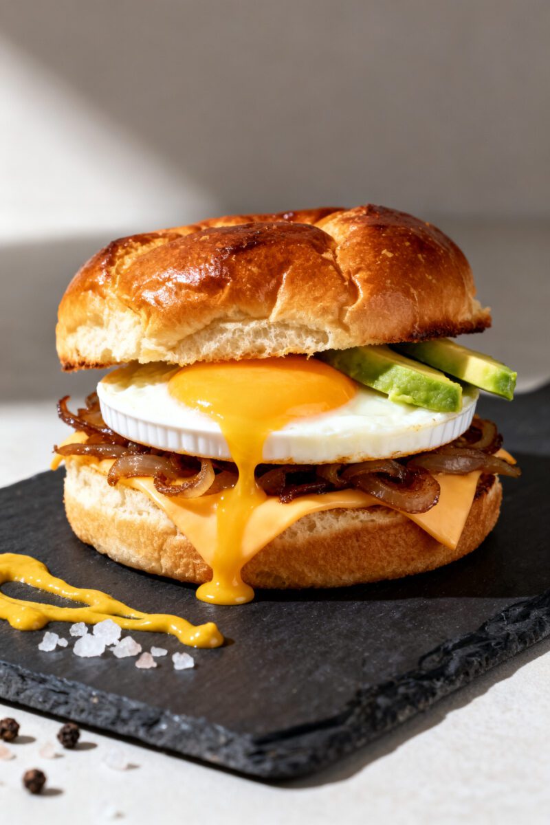 Final plated hero shot: Close-up of a brioche air fryer egg sandwich with fully set egg patty (clean