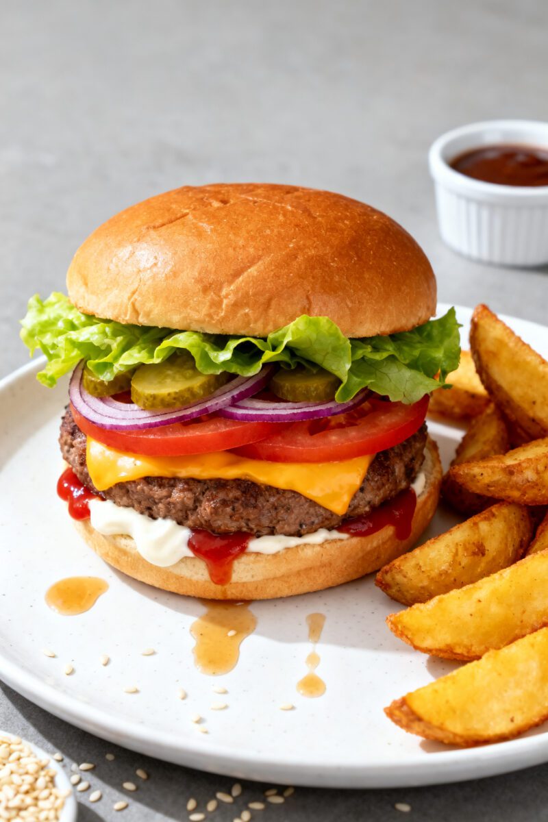Final plated hero shot: Fully assembled stuffed burger on a sturdy brioche bun with melted cheese hi