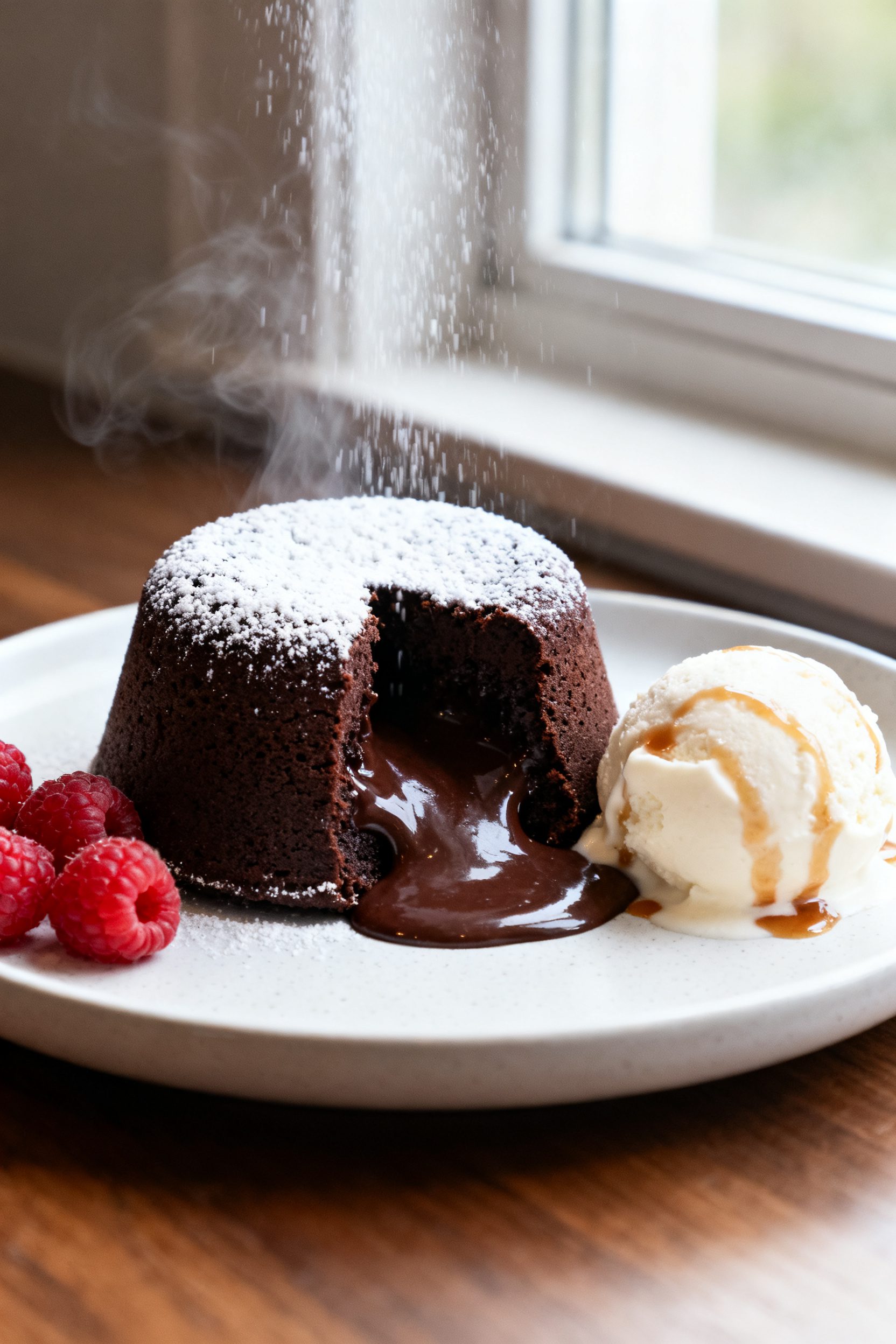 Final plated hero shot: Molten Air Fryer Lava Cake just unmolded onto a matte white plate, cut sligh