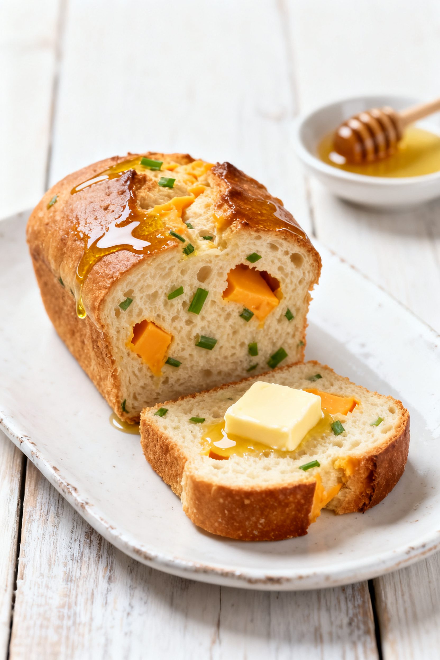 Final plated hero shot of a Cheddar Chive variation: a small loaf sliced to reveal airy, tender crum