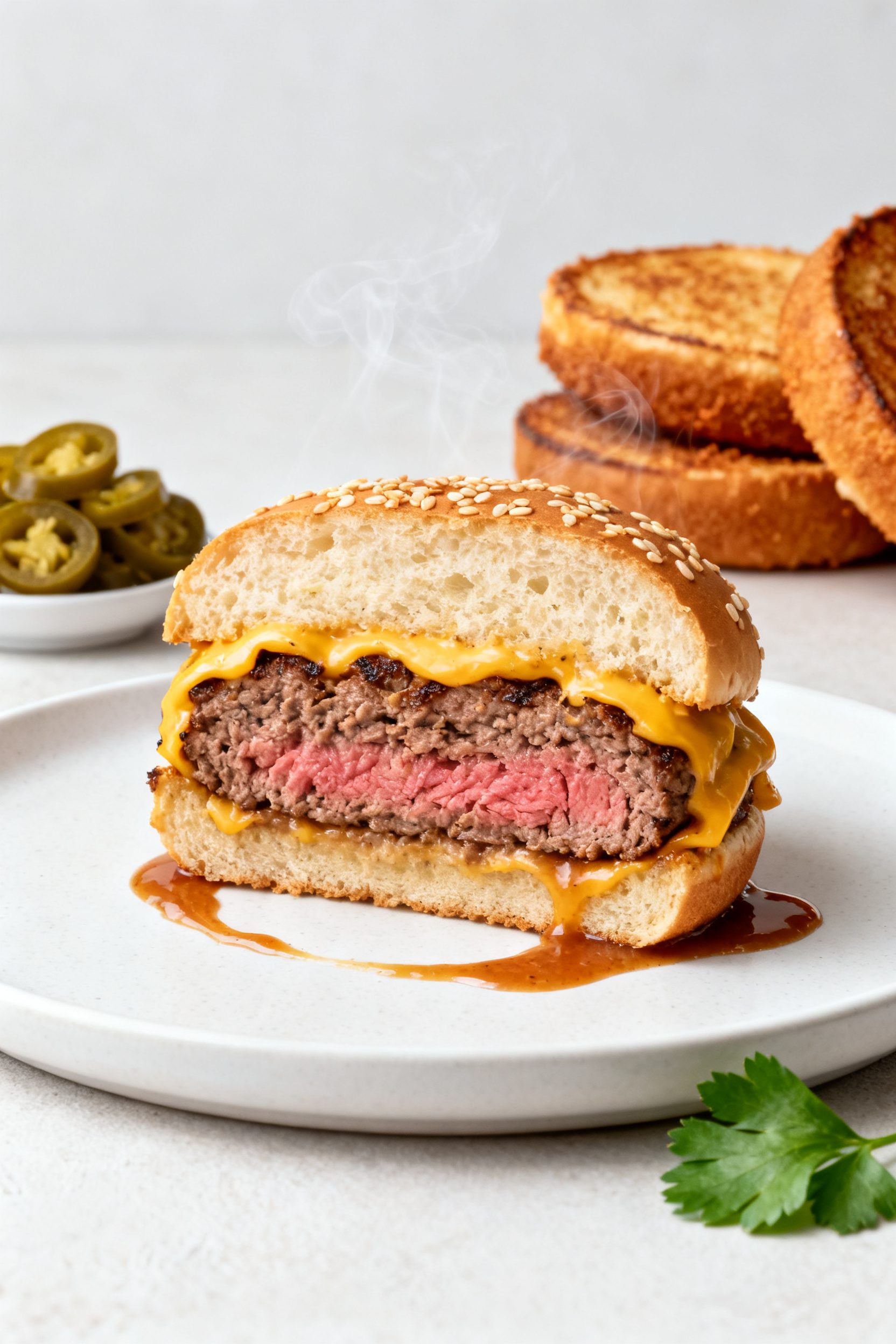 Final plated hero shot of a single juicy burger cross-section on a matte white plate: patty cooked t