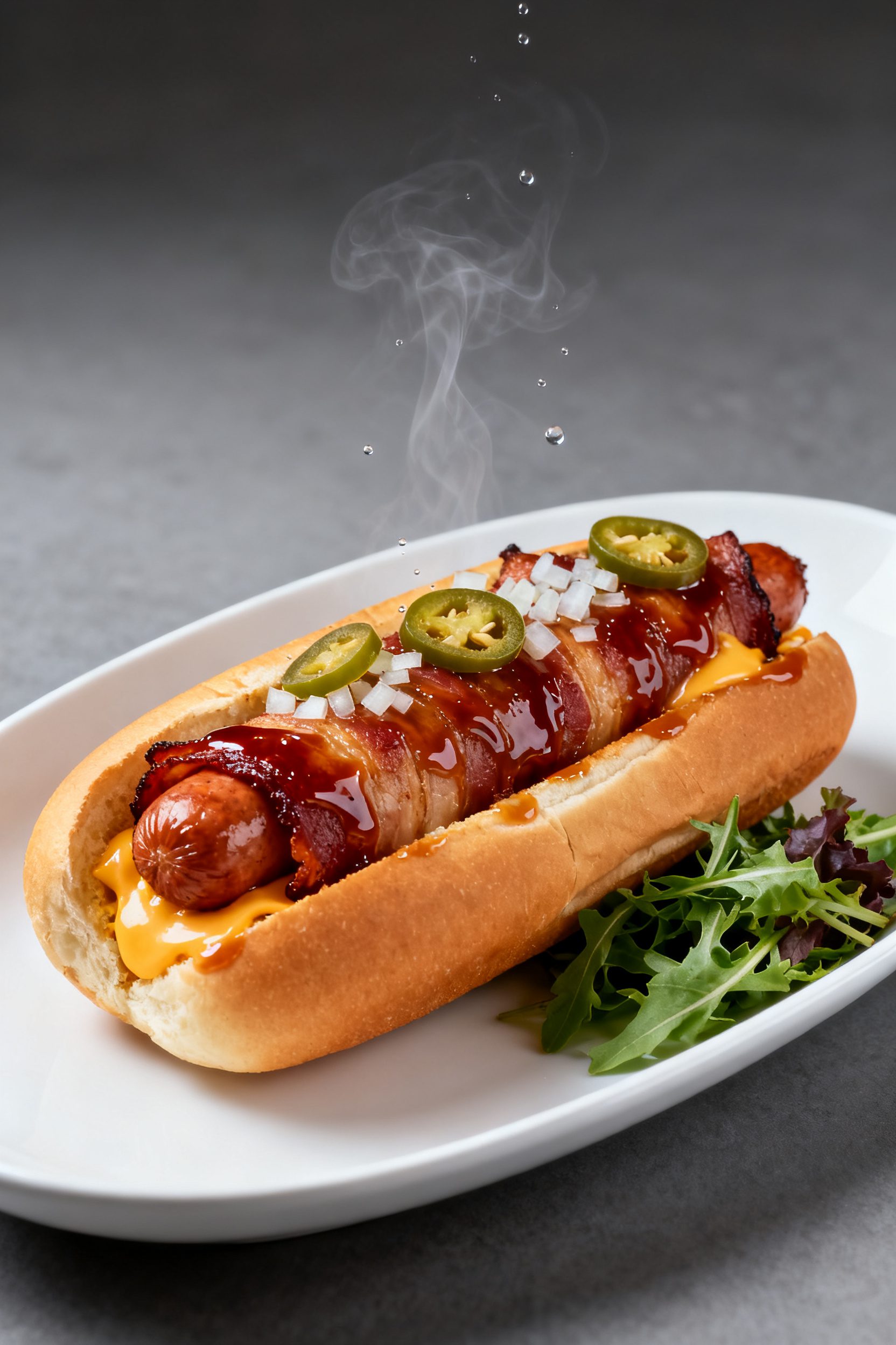 Final plated hero shot: One cheese-stuffed bacon-wrapped hot dog in a toasted bun, bacon ultra-crisp