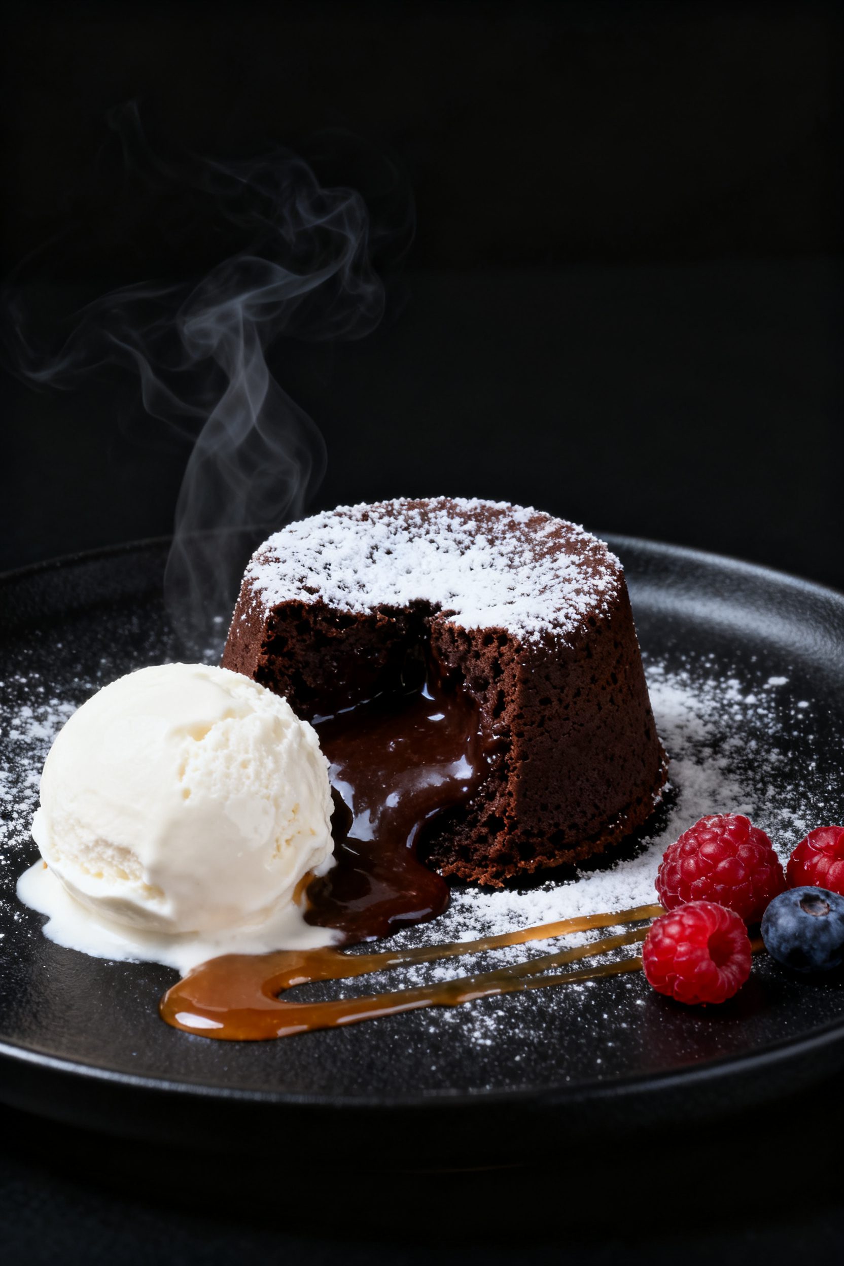 Final plated hero shot: Restaurant-quality presentation of a single inverted chocolate lava cake on 
