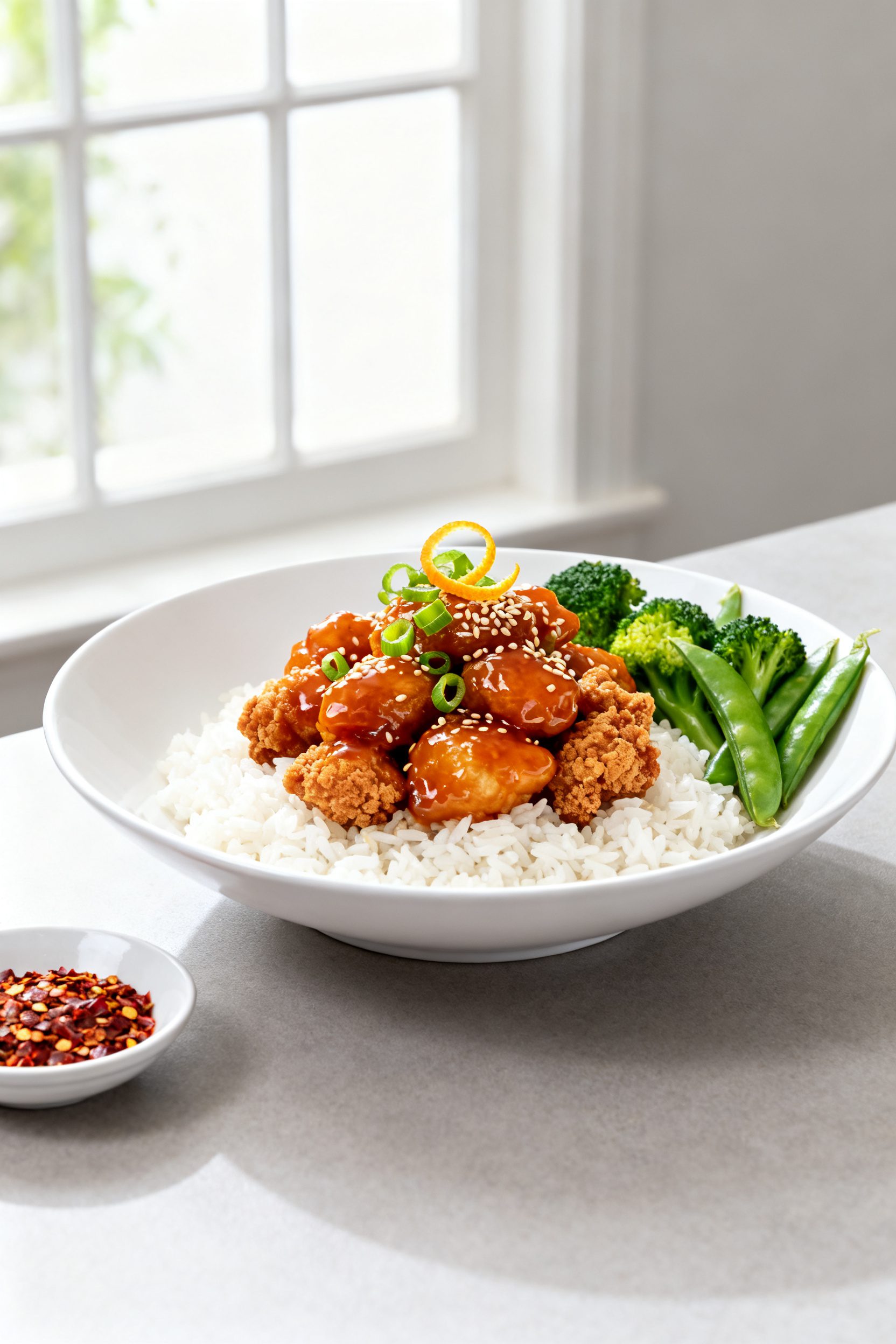 Final plated hero shot: Trader Joe’s Mandarin Orange Chicken tossed in glossy, sticky-sweet orange