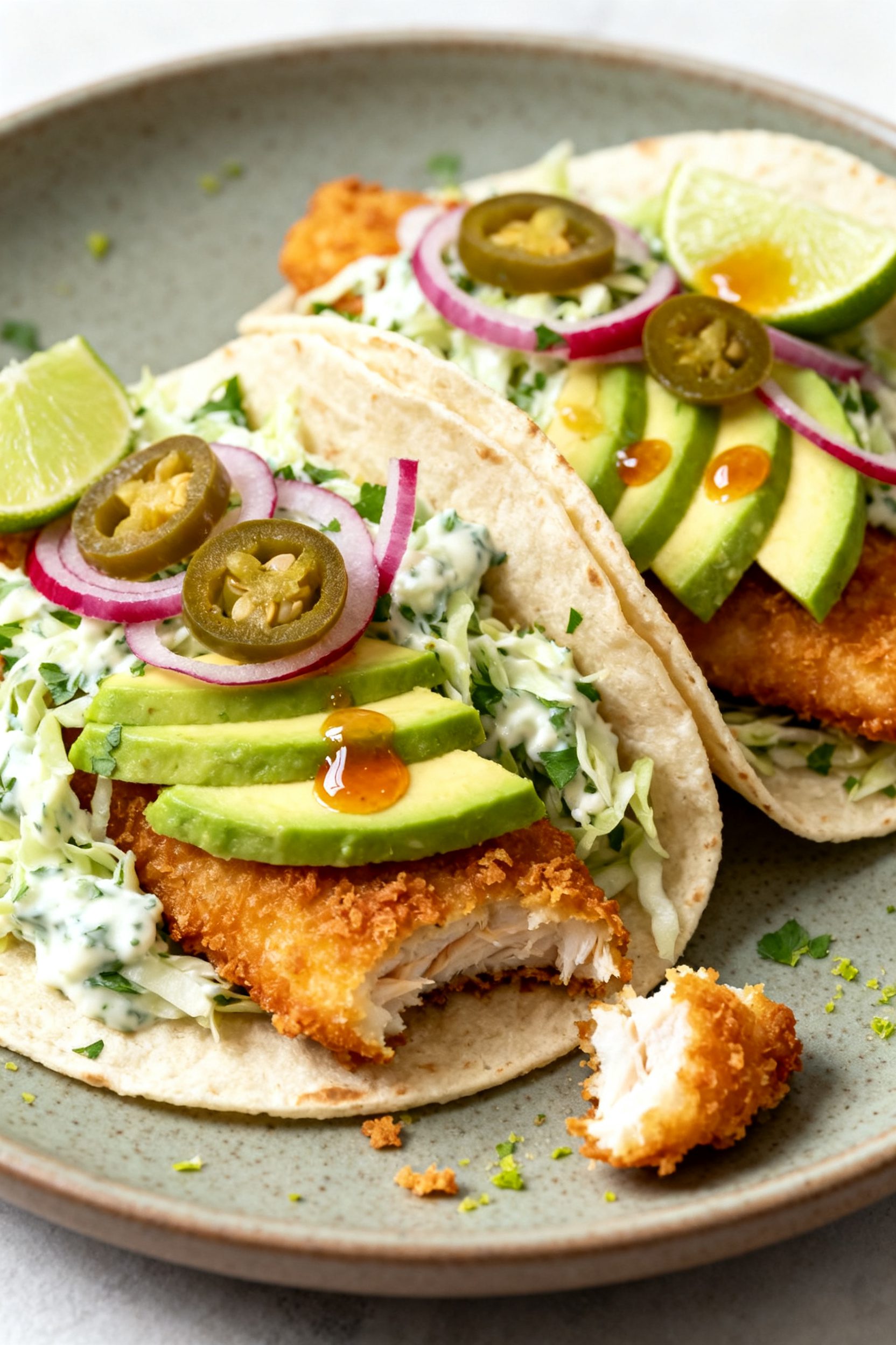 Final plated hero: Two fully assembled air fryer fish tacos on a matte ceramic plate, piled with coo