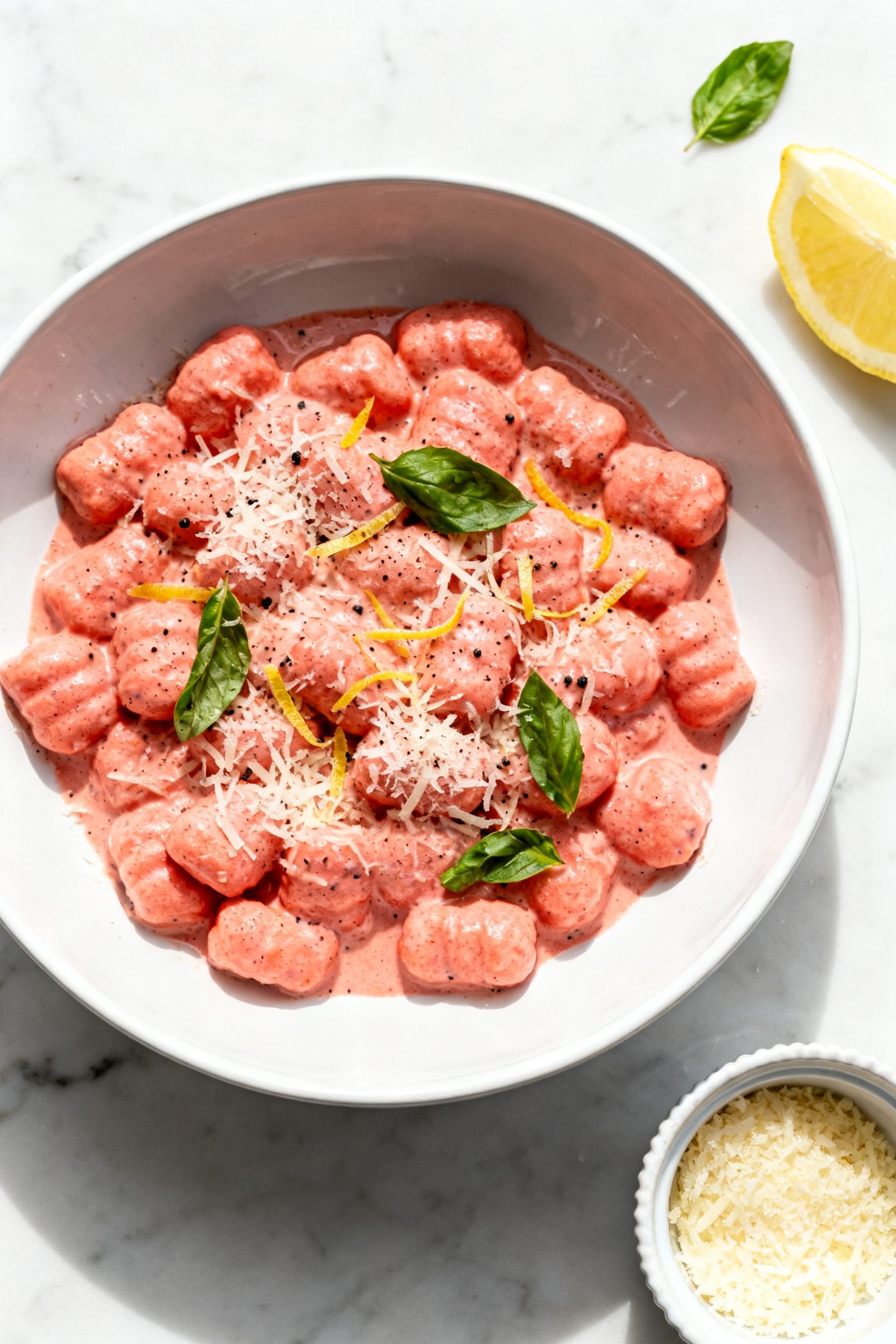Final plated overhead: Air Fryer Pink Gnocchi fully coated in creamy pink sauce, served in a wide, s