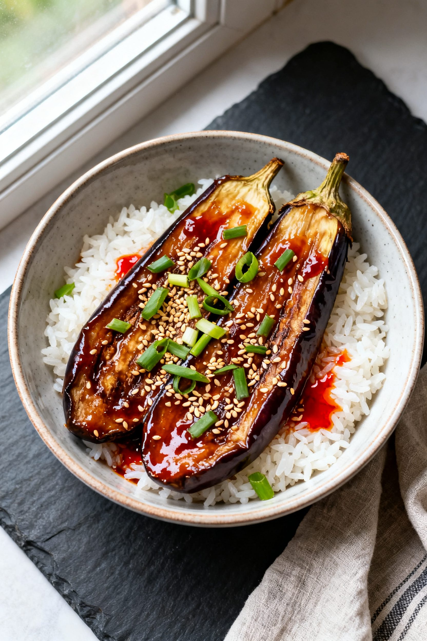 Final plated overhead: Restaurant-quality bowl of Air Fryer Chinese Eggplant over steaming jasmine r