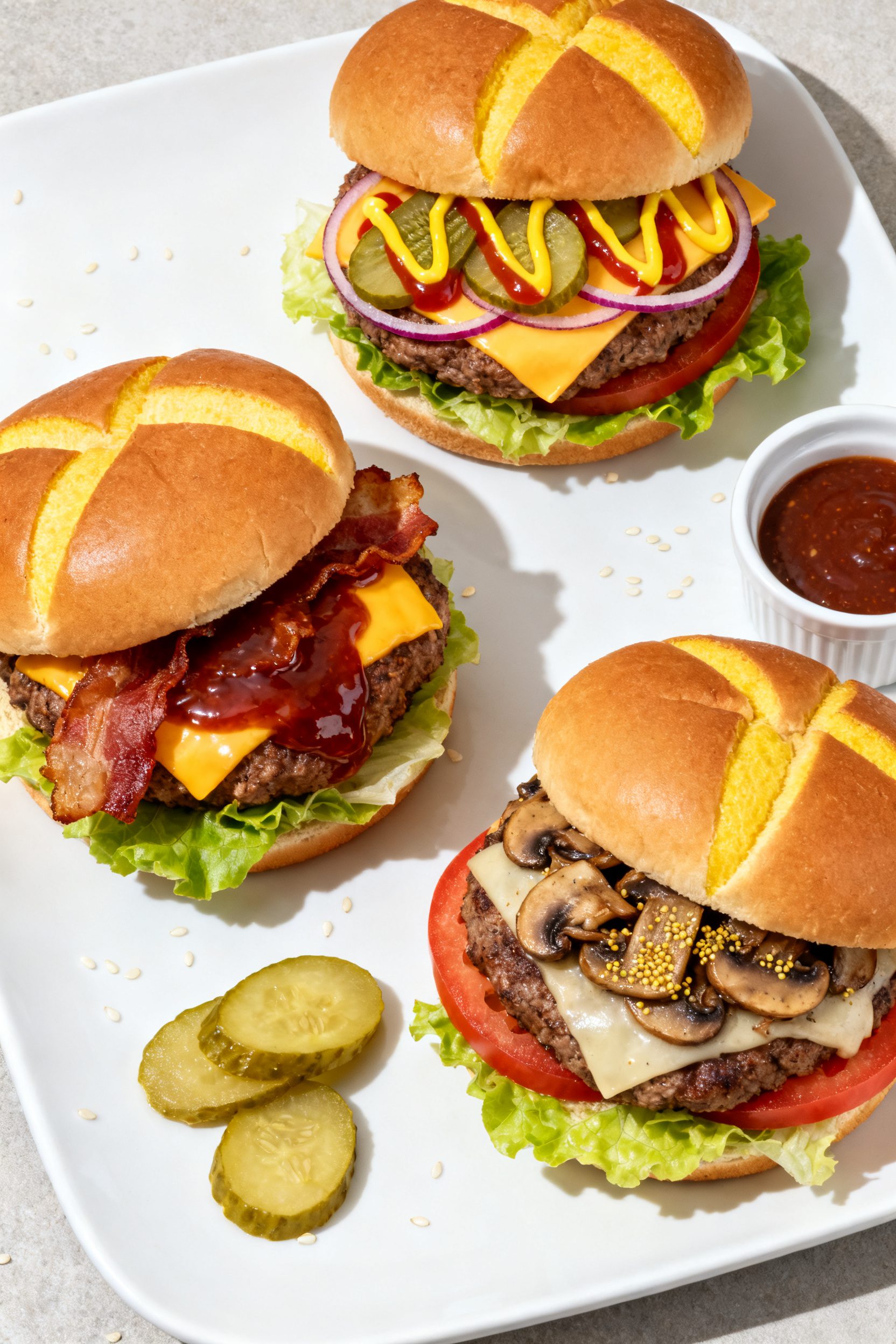 Final plated overhead: Tasty top-down shot of assembled air fryer cheeseburgers on lightly toasted b
