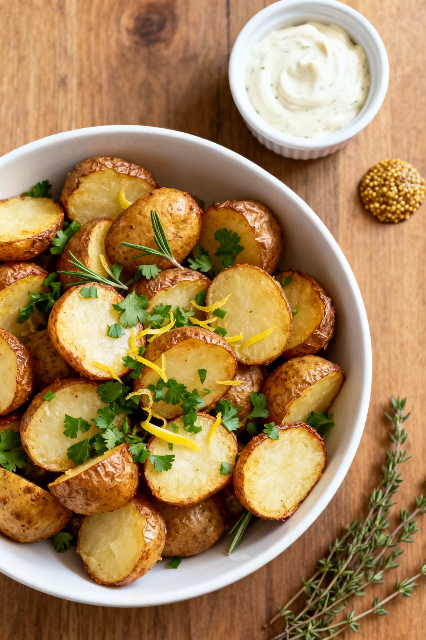 Final plated presentation: Air Fryer Dutch Potatoes piled in a shallow white ceramic bowl, finished
