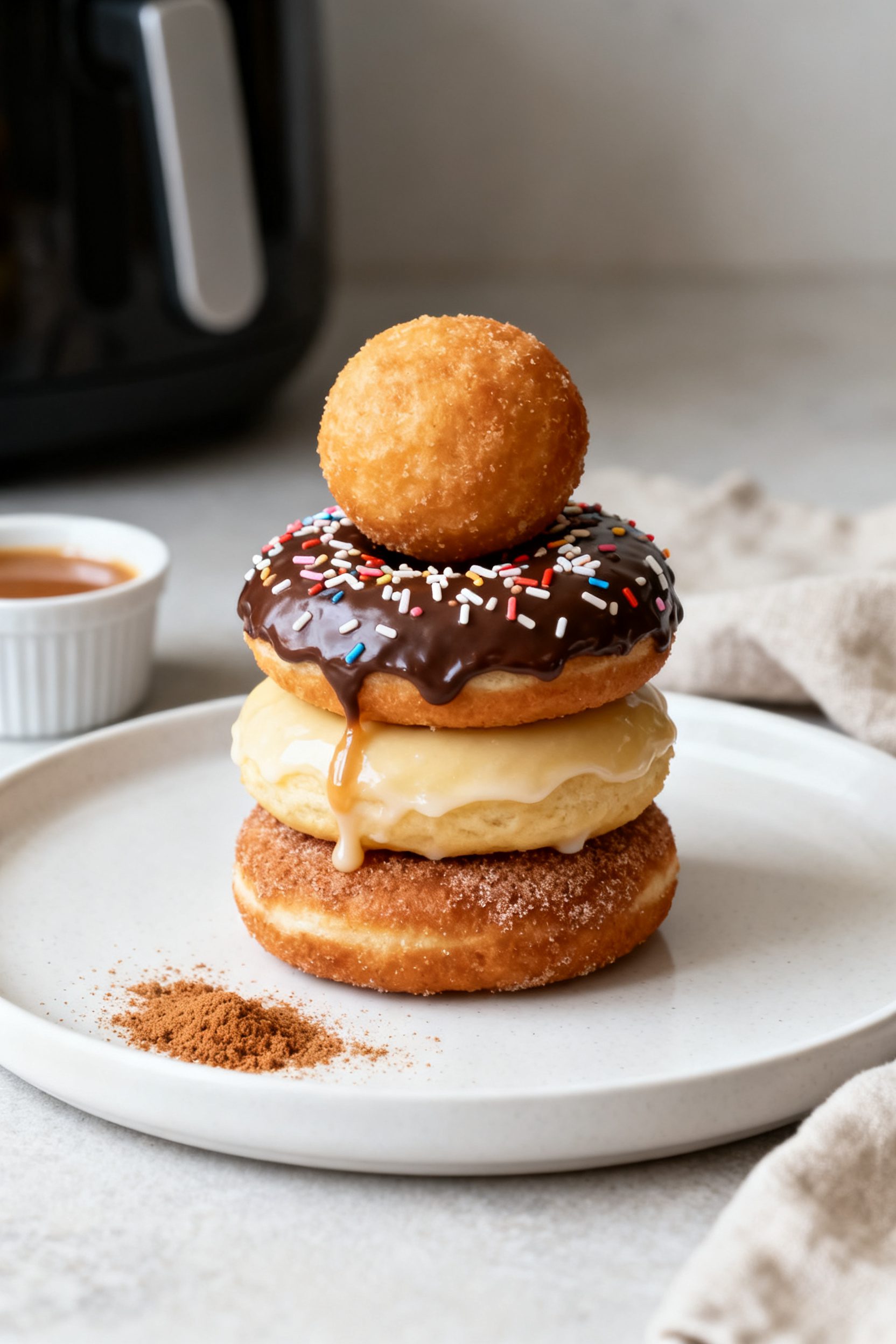 Final plated presentation: bakery-style stack of three air fryer no-yeast donuts on a matte white pl