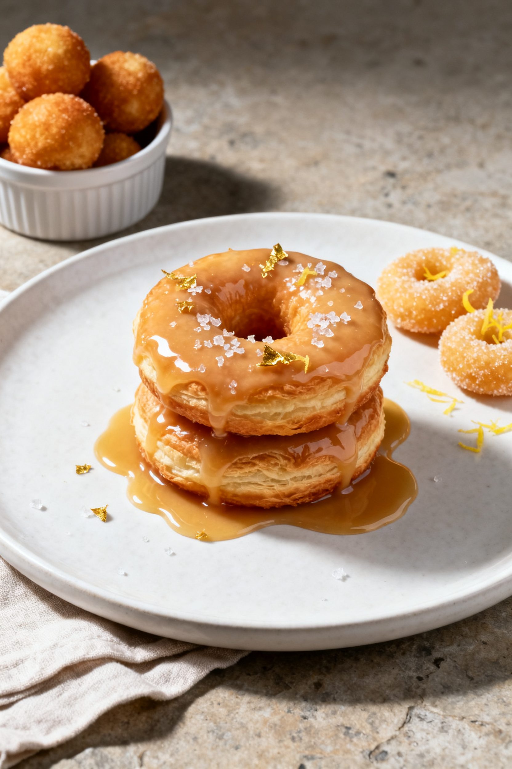 Final plated presentation: Beautifully plated air fryer puff pastry donuts with a maple-vanilla glaz