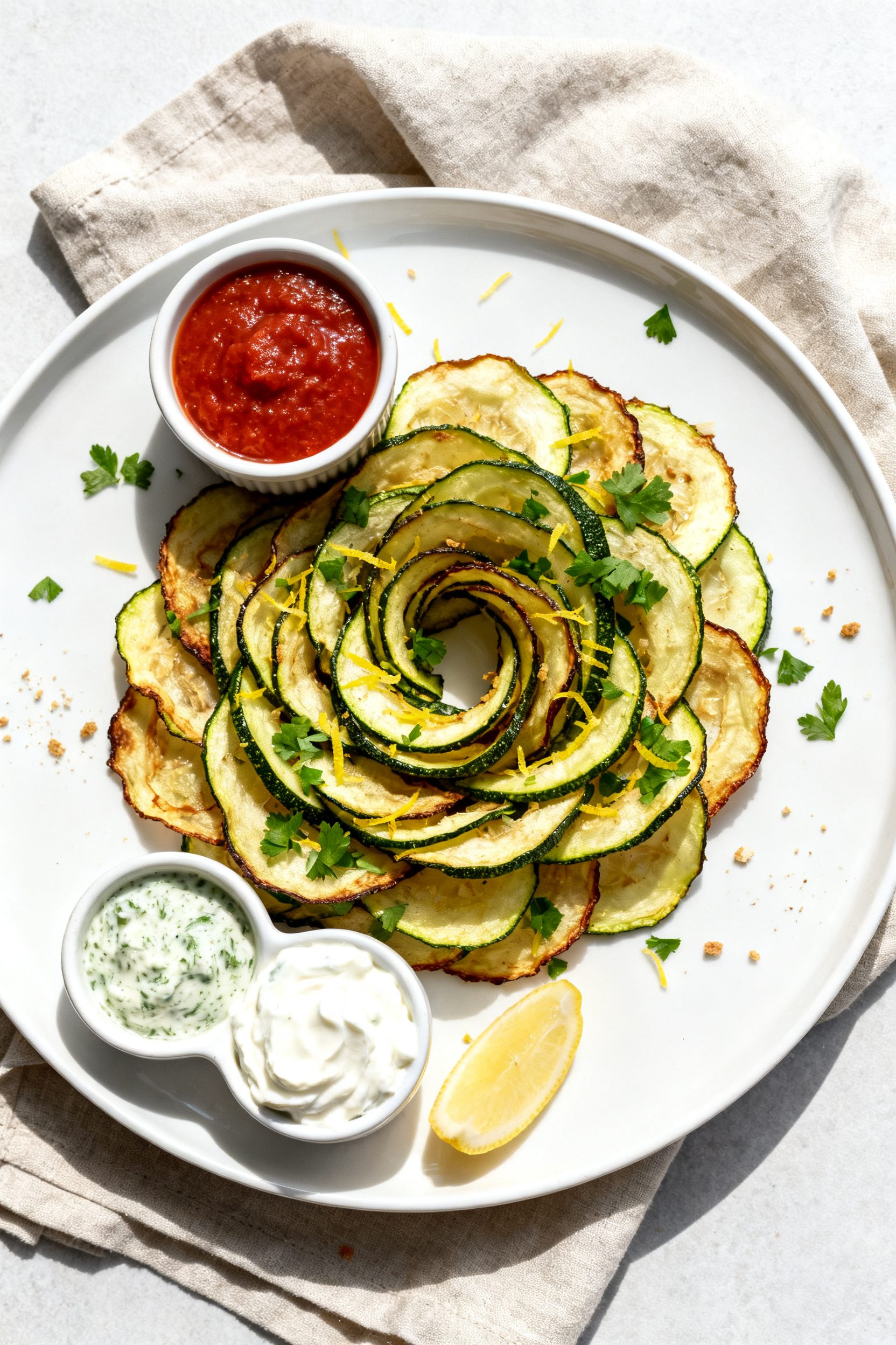 Final plated presentation: Beautifully plated zucchini chips arranged in a loose spiral on a matte w